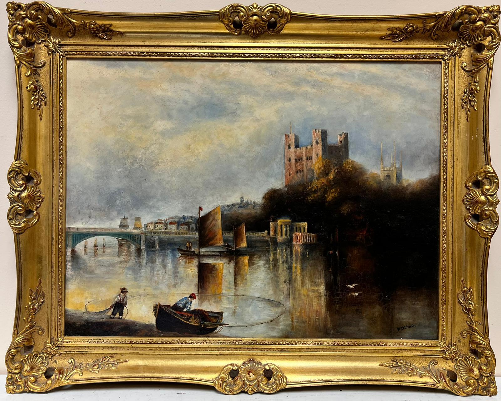 Antique English Figurative Painting – Rochester Castle from River Medway, signiertes großes Original-Ölgemälde