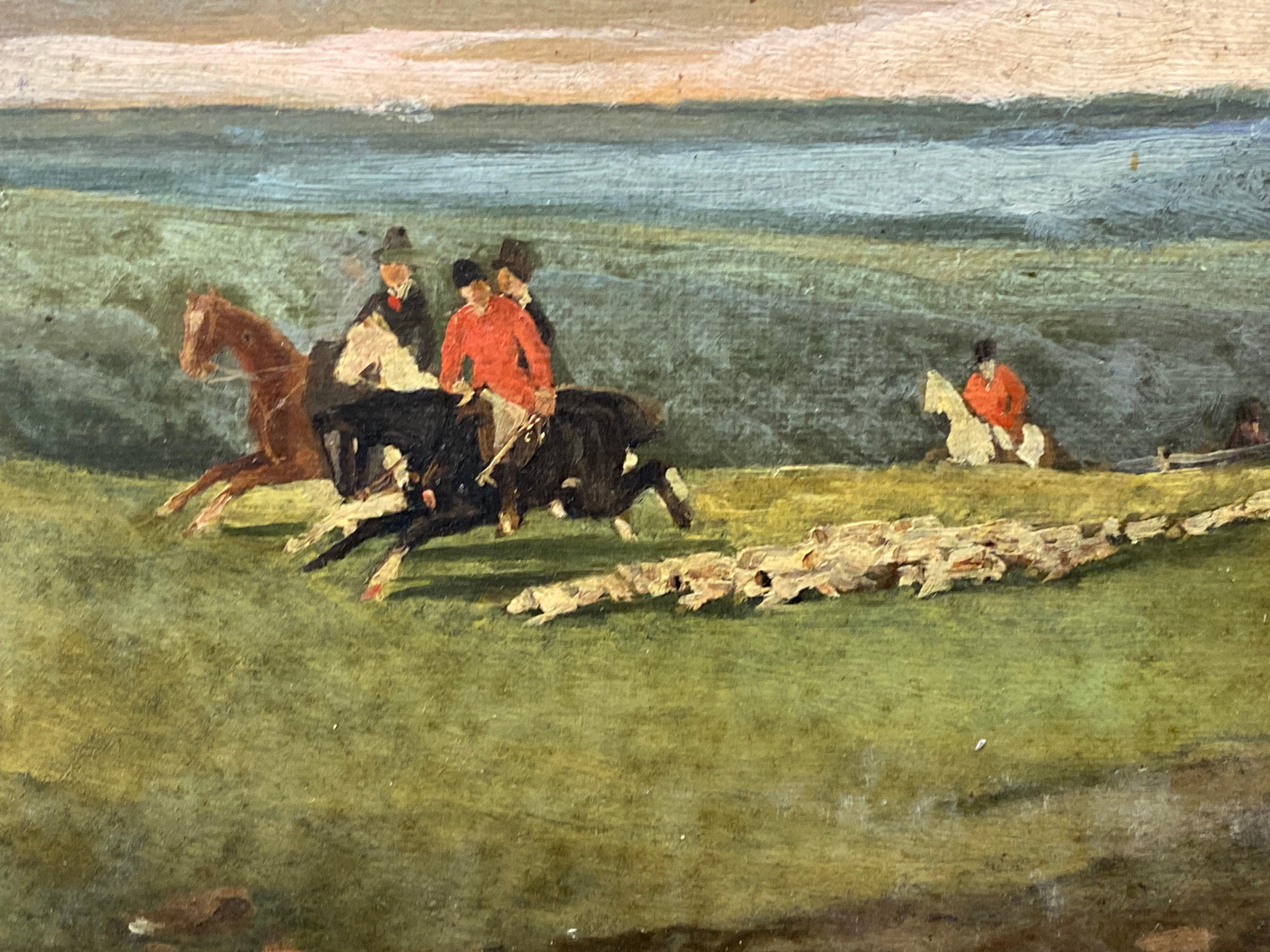 The Hunt - Antique English Oil Hunting Scene Riders and Horses with Hounds 1