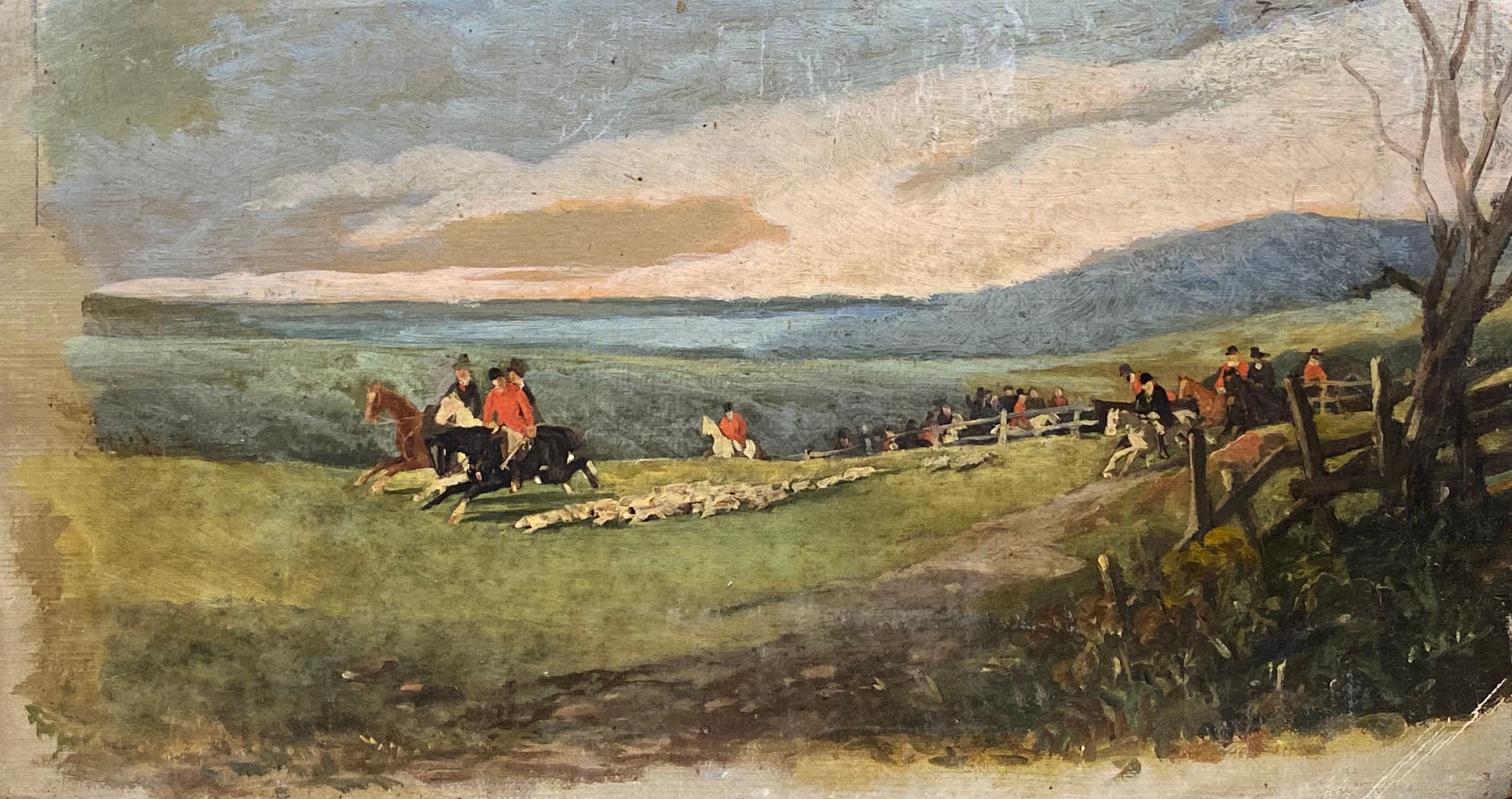 Artist/ School: English School, late 19th century

Title: Hunting Scene, horses and hounds

Medium: oil painting on thin canvas, unframed

canvas: 7.5 x 13.5 inches

Provenance: private collection, England

Condition: The painting is in overall good