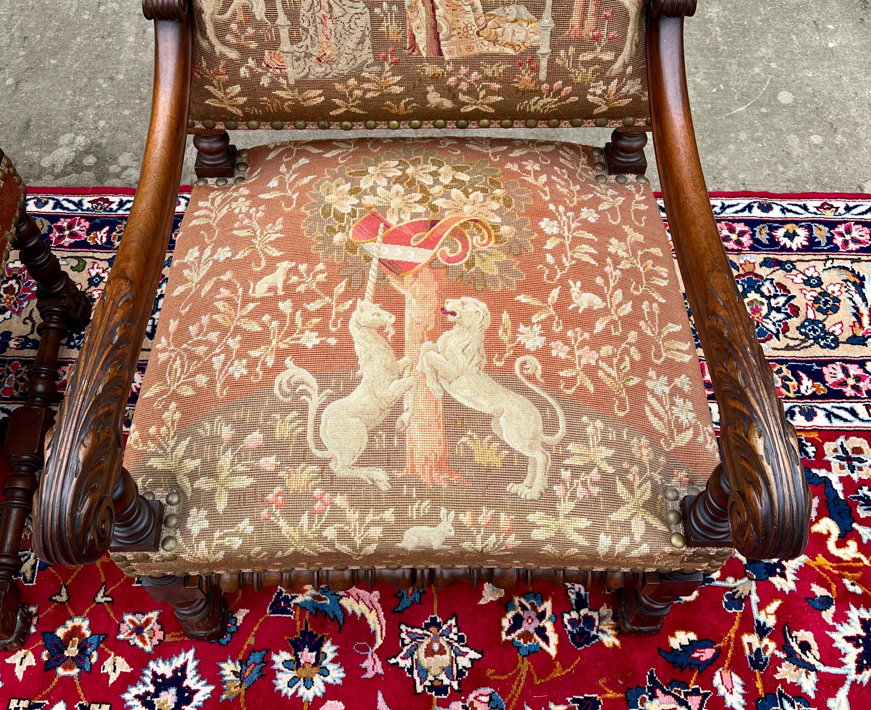 Antique English PAIR Arm Chairs Fireside Throne Chairs LARGE Needlepoint 19thC 3