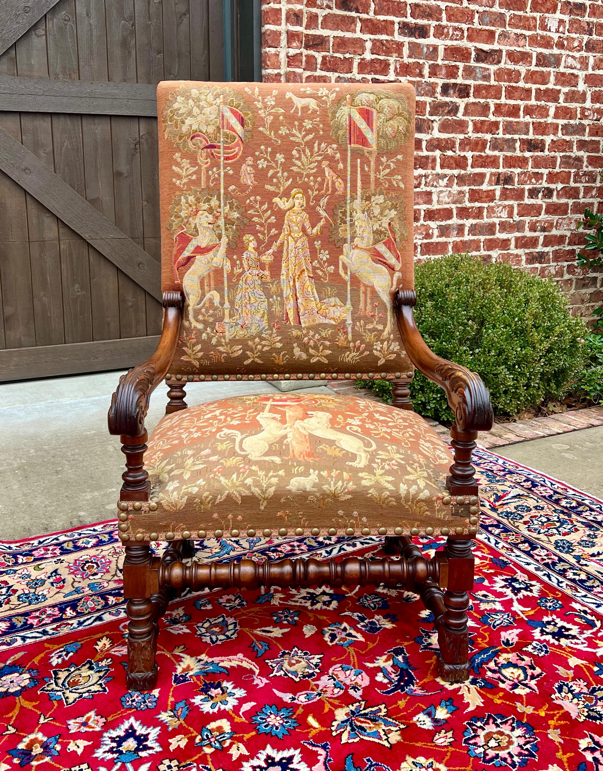 Antique English PAIR Arm Chairs Fireside Throne Chairs LARGE Needlepoint 19thC 4
