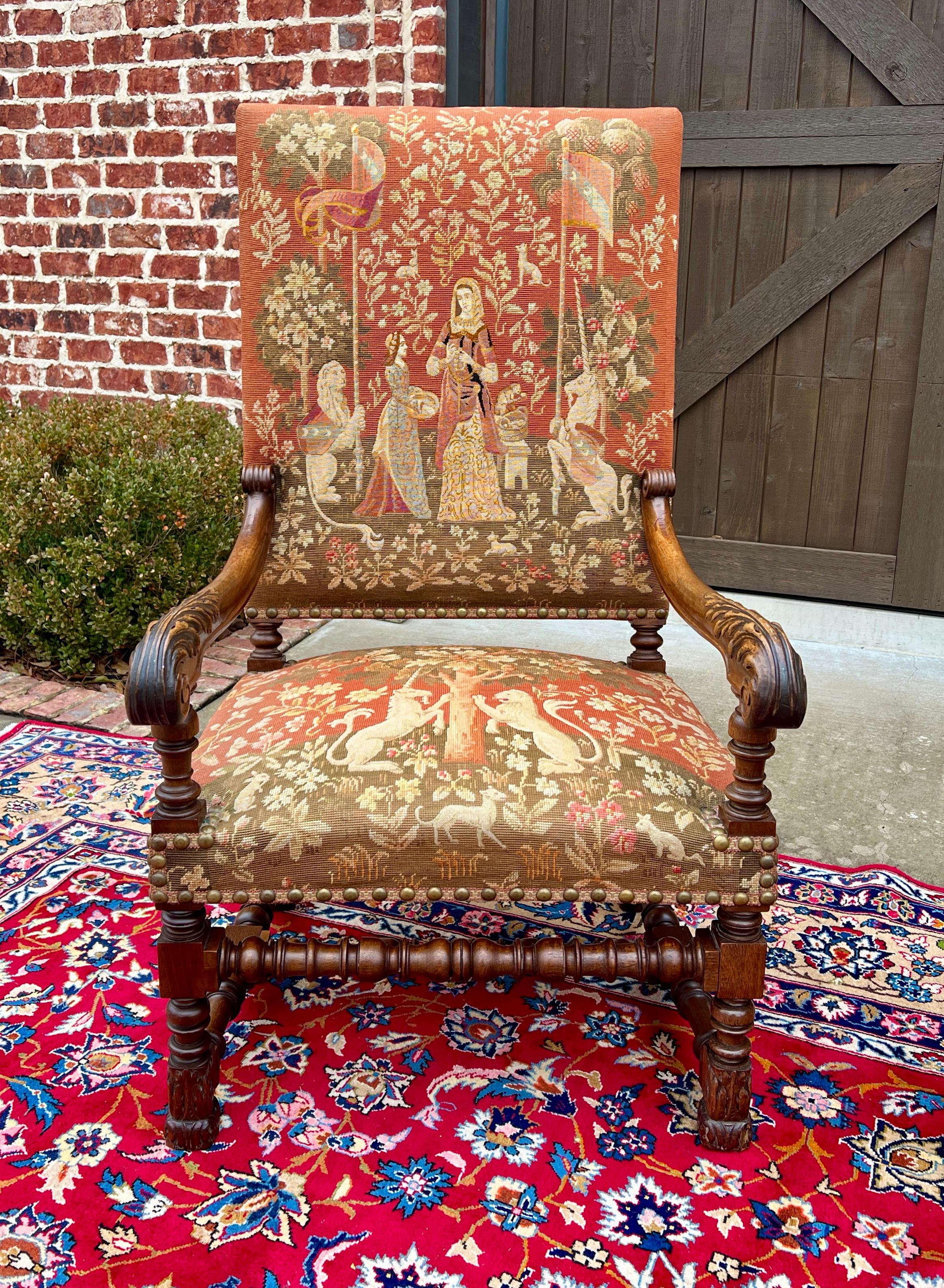 Antique English PAIR Arm Chairs Fireside Throne Chairs LARGE Needlepoint 19thC 5