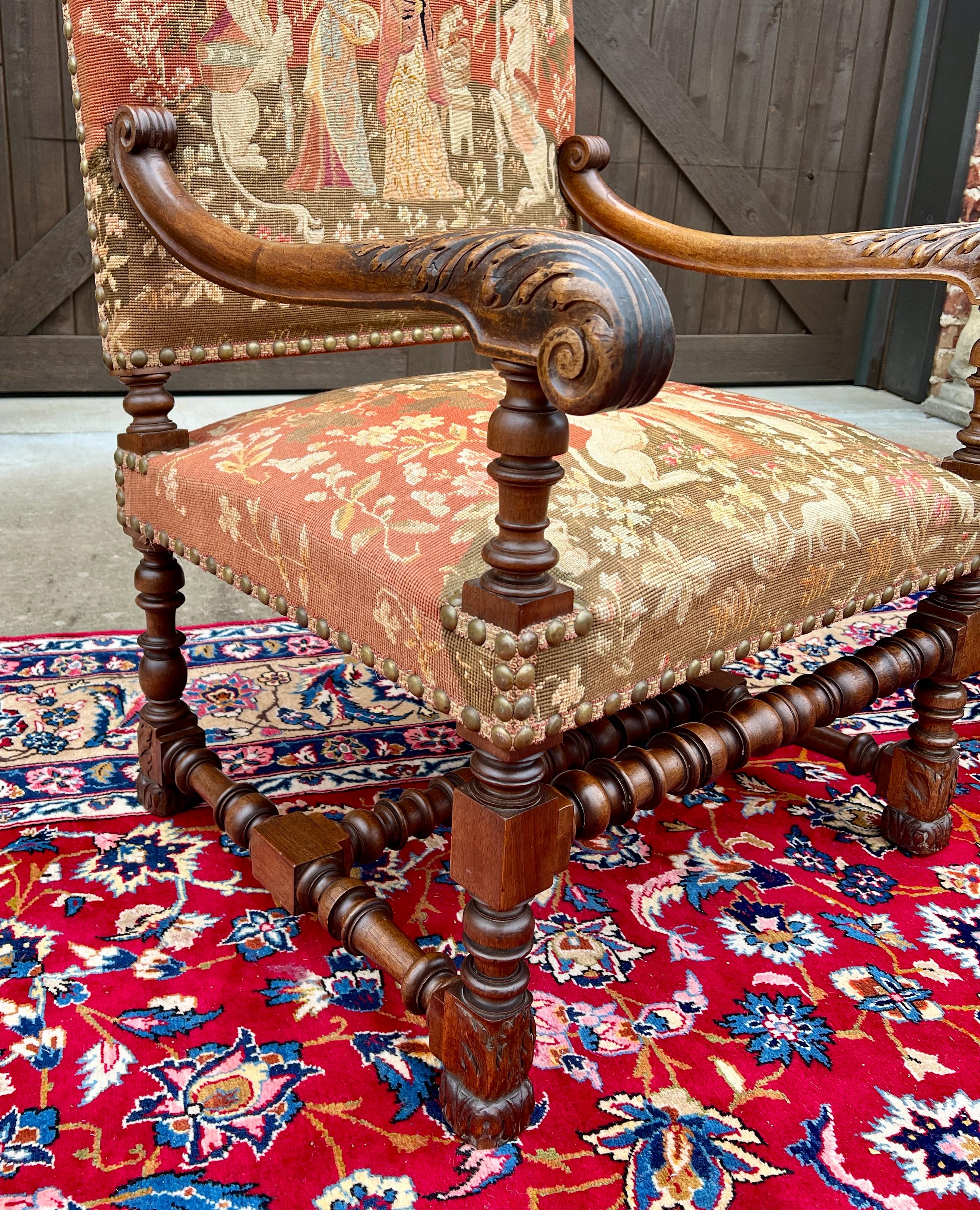Antique English PAIR Arm Chairs Fireside Throne Chairs LARGE Needlepoint 19thC 6