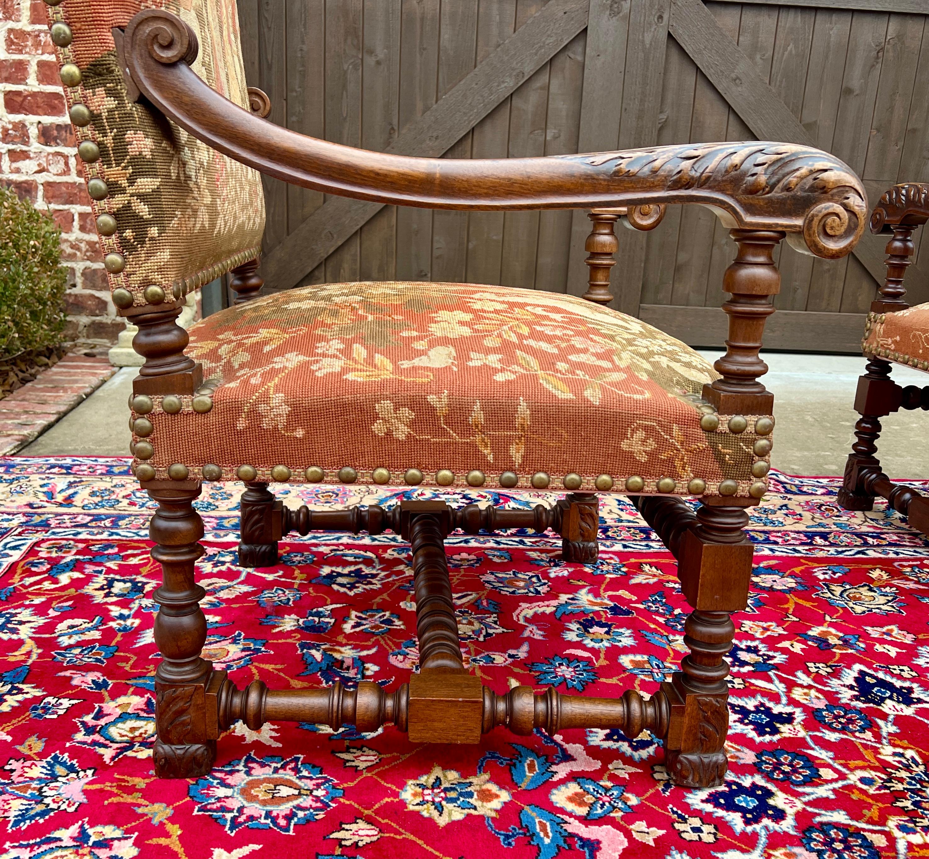 Antique English PAIR Arm Chairs Fireside Throne Chairs LARGE Needlepoint 19thC 12