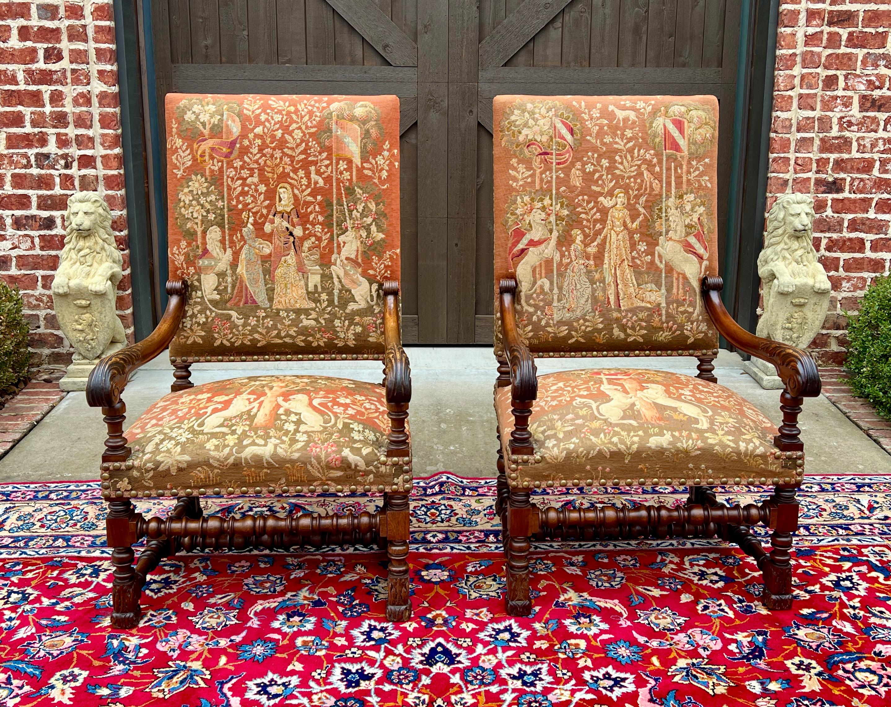 STUNNING Antique English PAIR Louis XIII Style Walnut Needlepoint- Petit Point Arm Chairs Throne Chairs Fireside Chairs~~LARGE~~c. 1890s- 1900s

Needlepoint and Petit Point fabric upholstery in excellent condition with lion and unicorn motif