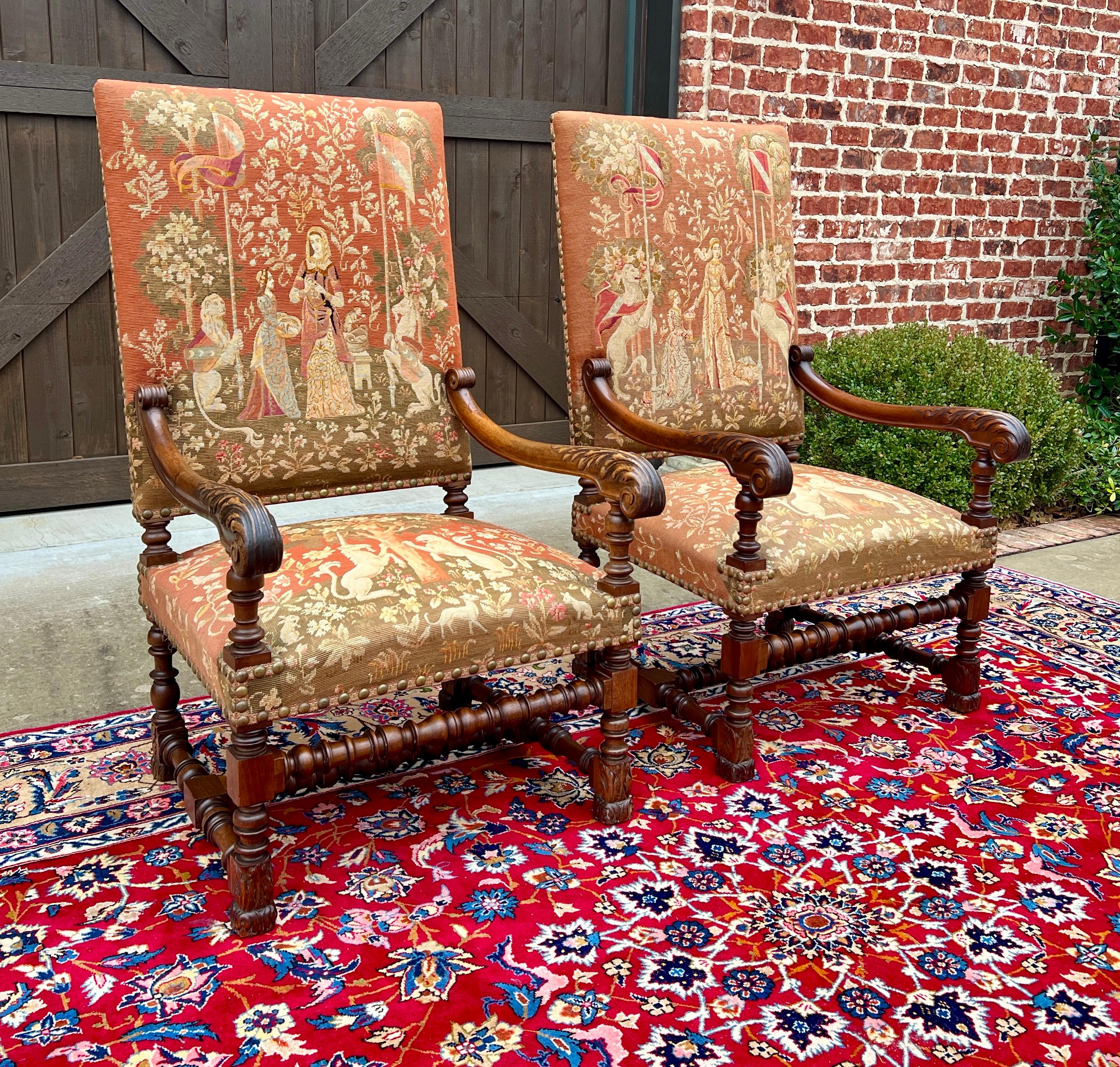 Antique English PAIR Arm Chairs Fireside Throne Chairs LARGE Needlepoint 19thC 13