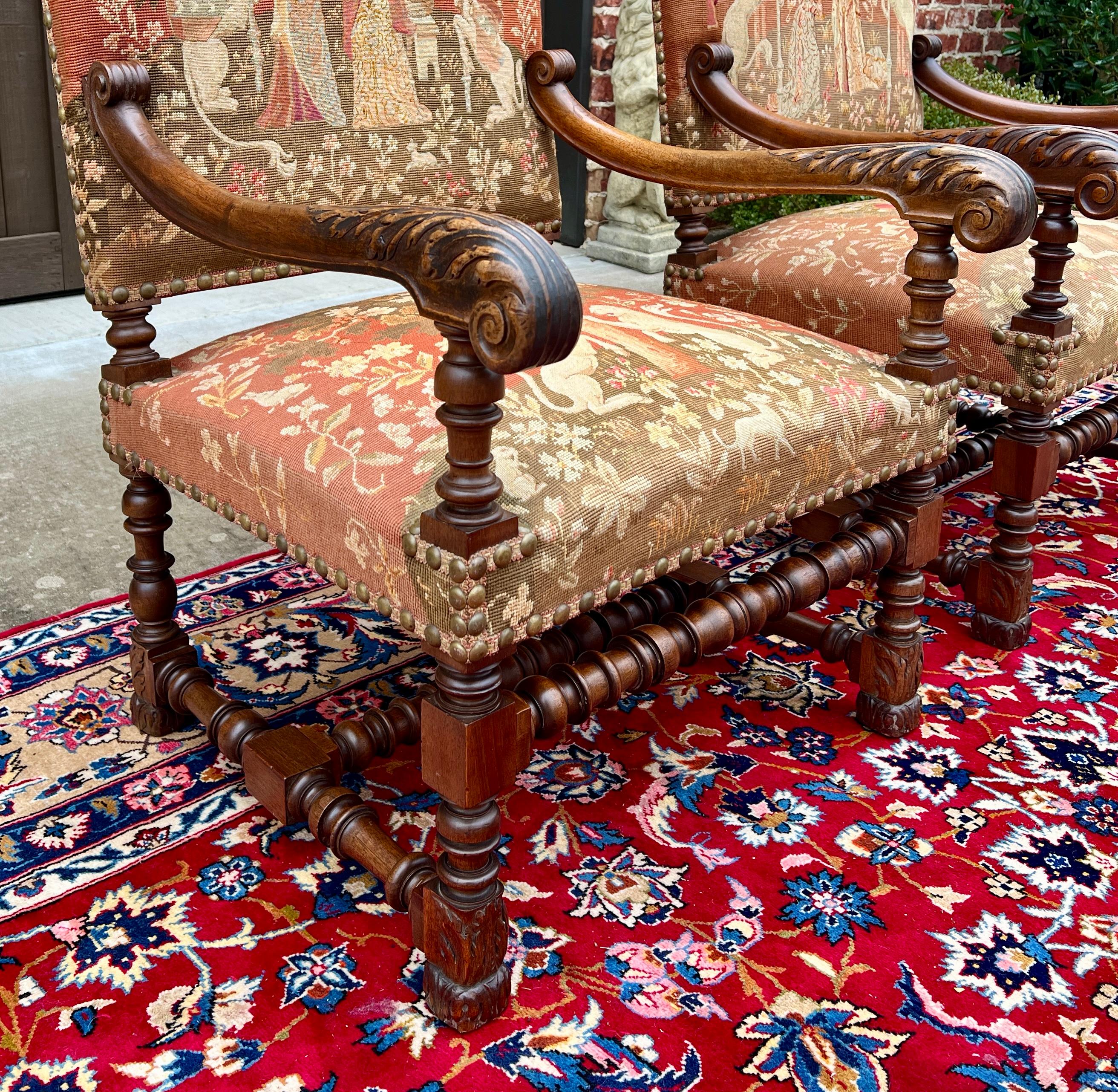 Louis XIII Antique English PAIR Arm Chairs Fireside Throne Chairs LARGE Needlepoint 19thC