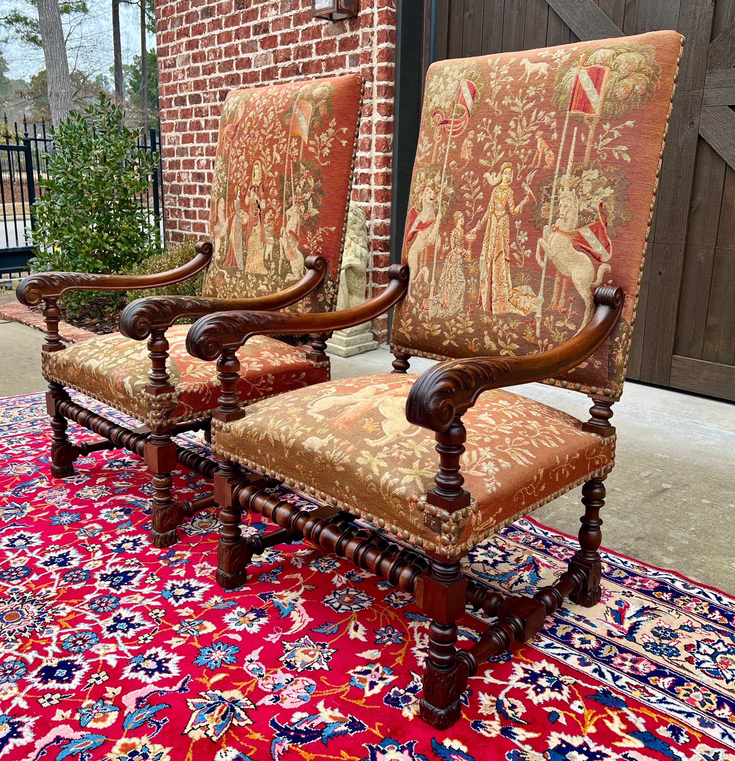 French Antique English PAIR Arm Chairs Fireside Throne Chairs LARGE Needlepoint 19thC