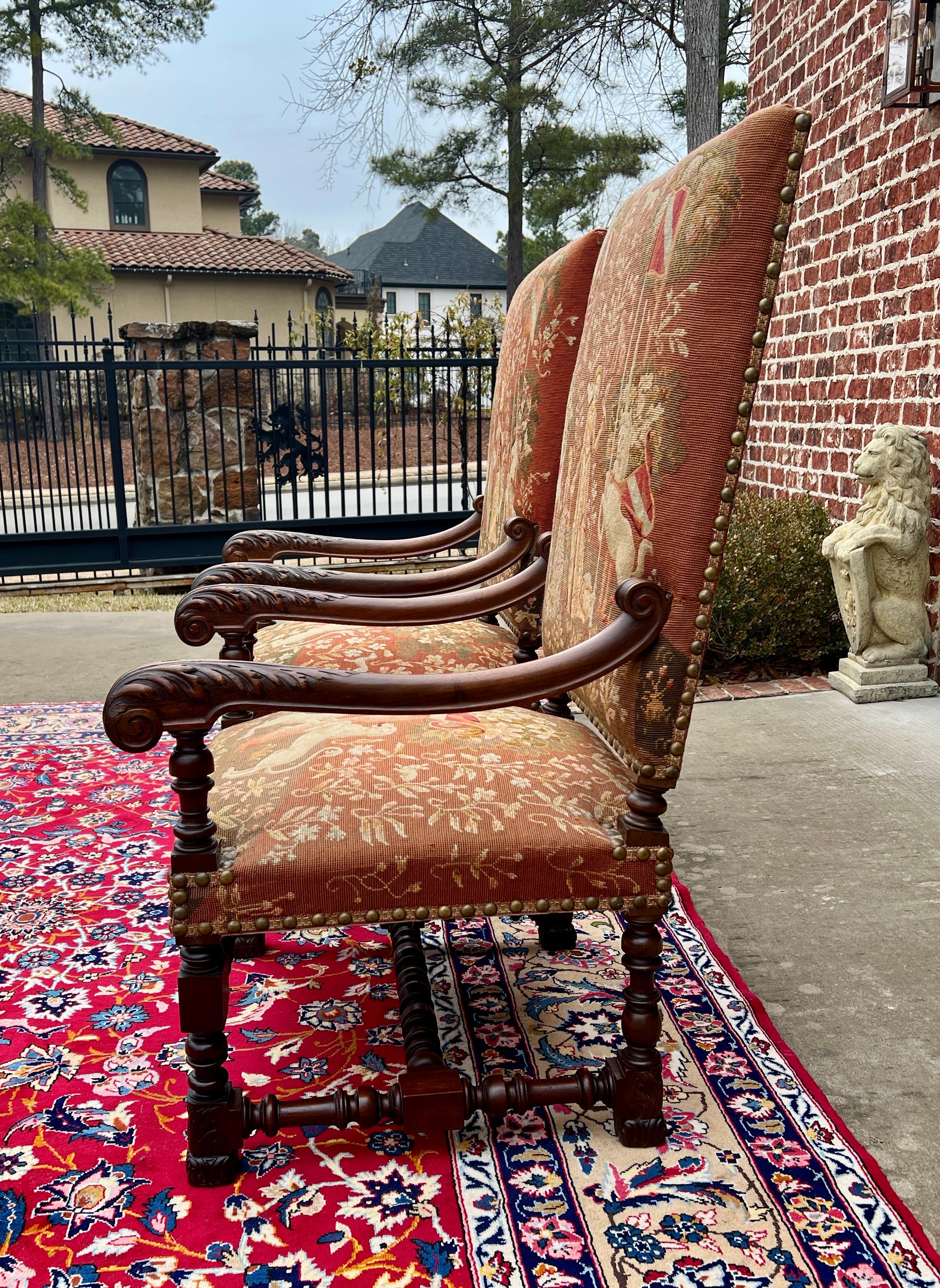 Antique English PAIR Arm Chairs Fireside Throne Chairs LARGE Needlepoint 19thC In Good Condition In Tyler, TX