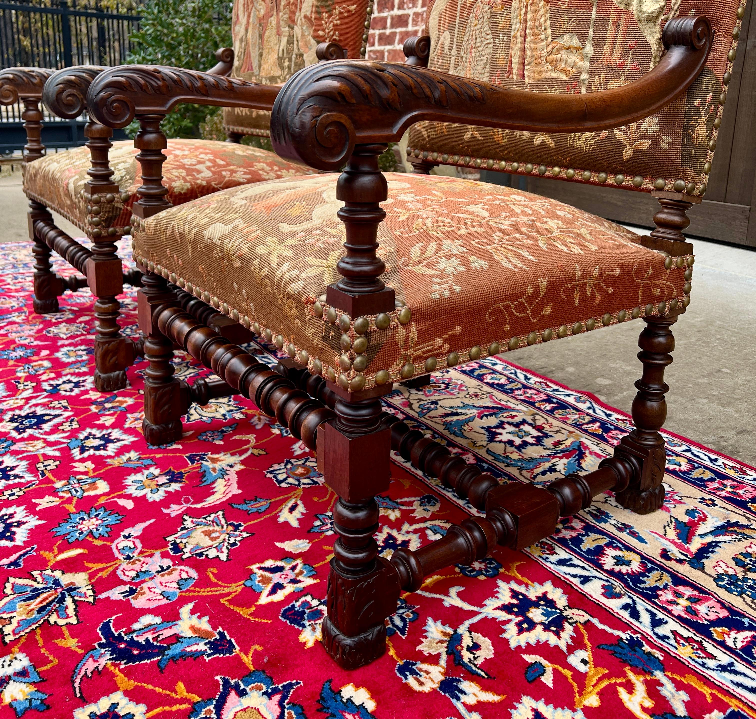 19th Century Antique English PAIR Arm Chairs Fireside Throne Chairs LARGE Needlepoint 19thC