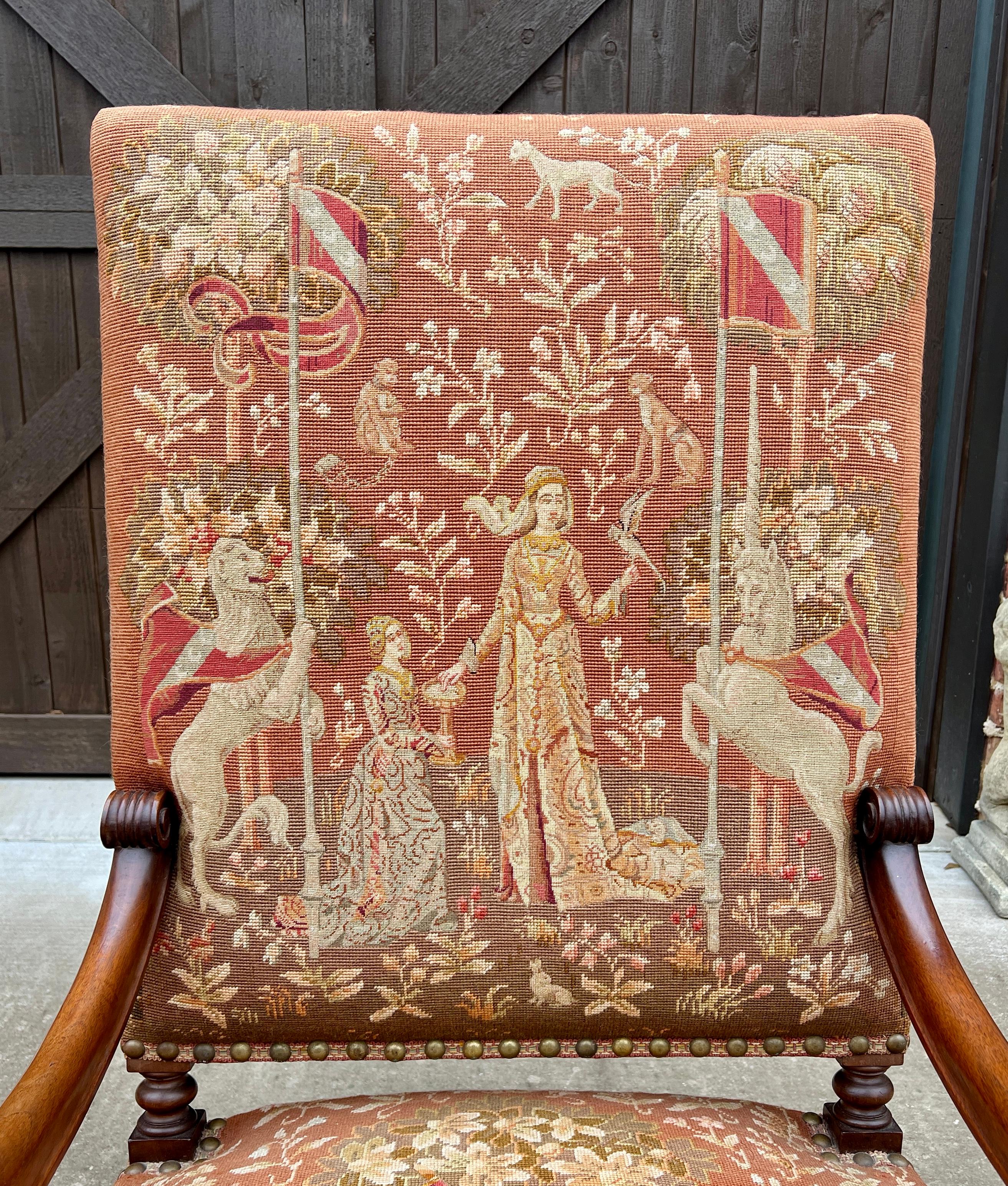 Tapestry Antique English PAIR Arm Chairs Fireside Throne Chairs LARGE Needlepoint 19thC