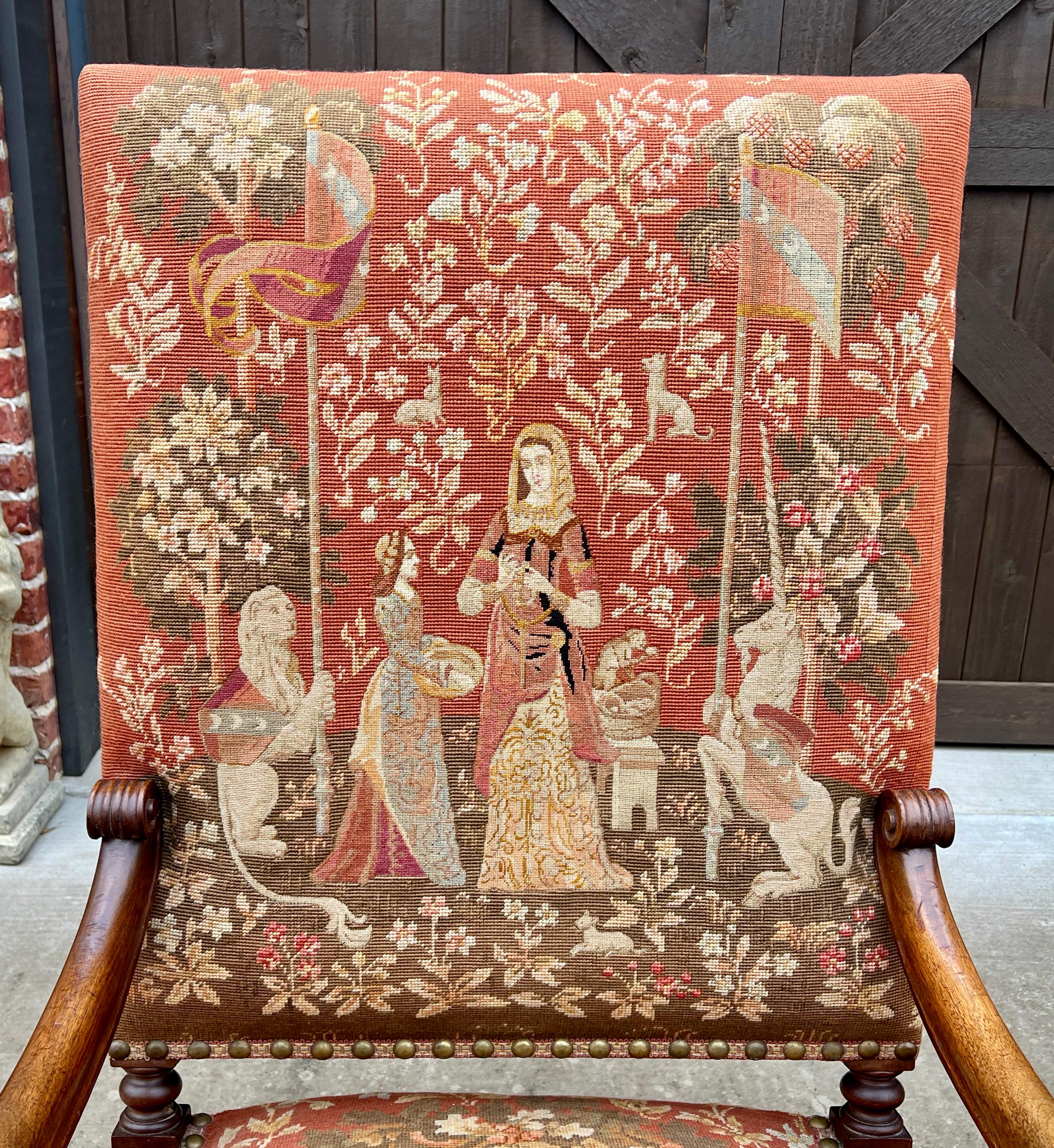 Antique English PAIR Arm Chairs Fireside Throne Chairs LARGE Needlepoint 19thC 1