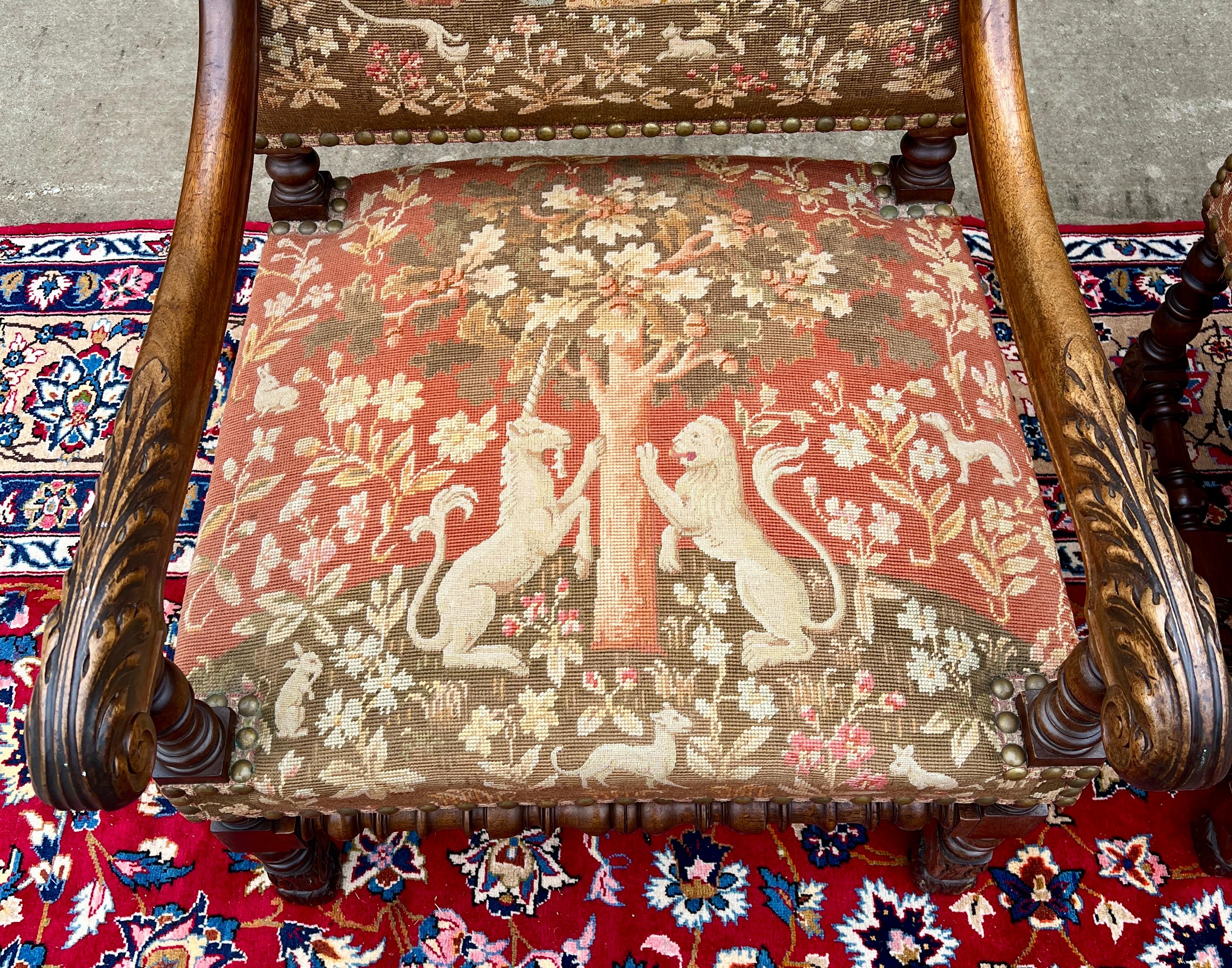 Antique English PAIR Arm Chairs Fireside Throne Chairs LARGE Needlepoint 19thC 2