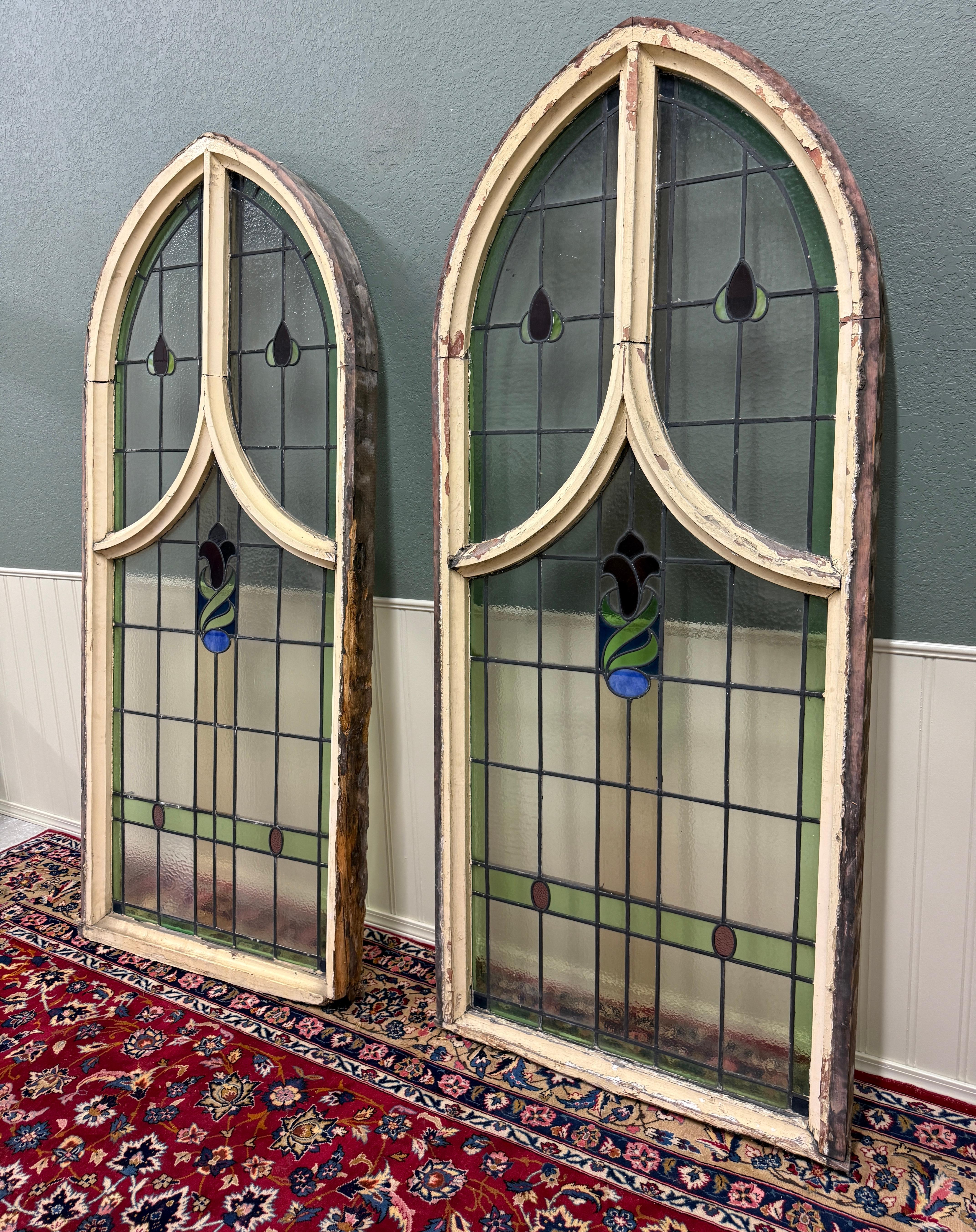 Antique English PAIR LARGE GOTHIC CHURCH Stained Glass Windows Leaded Framed 4