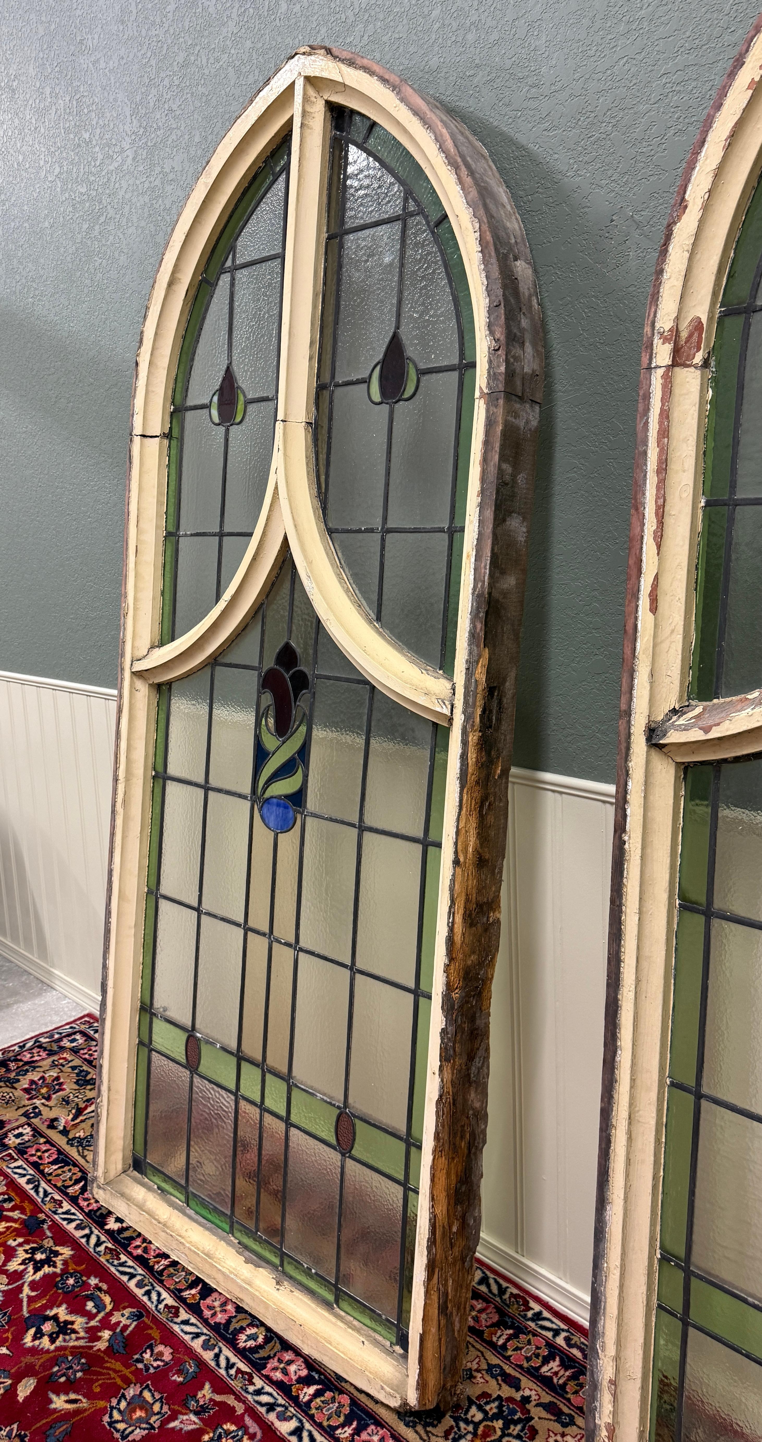 Antique English PAIR LARGE GOTHIC CHURCH Stained Glass Windows Leaded Framed 6