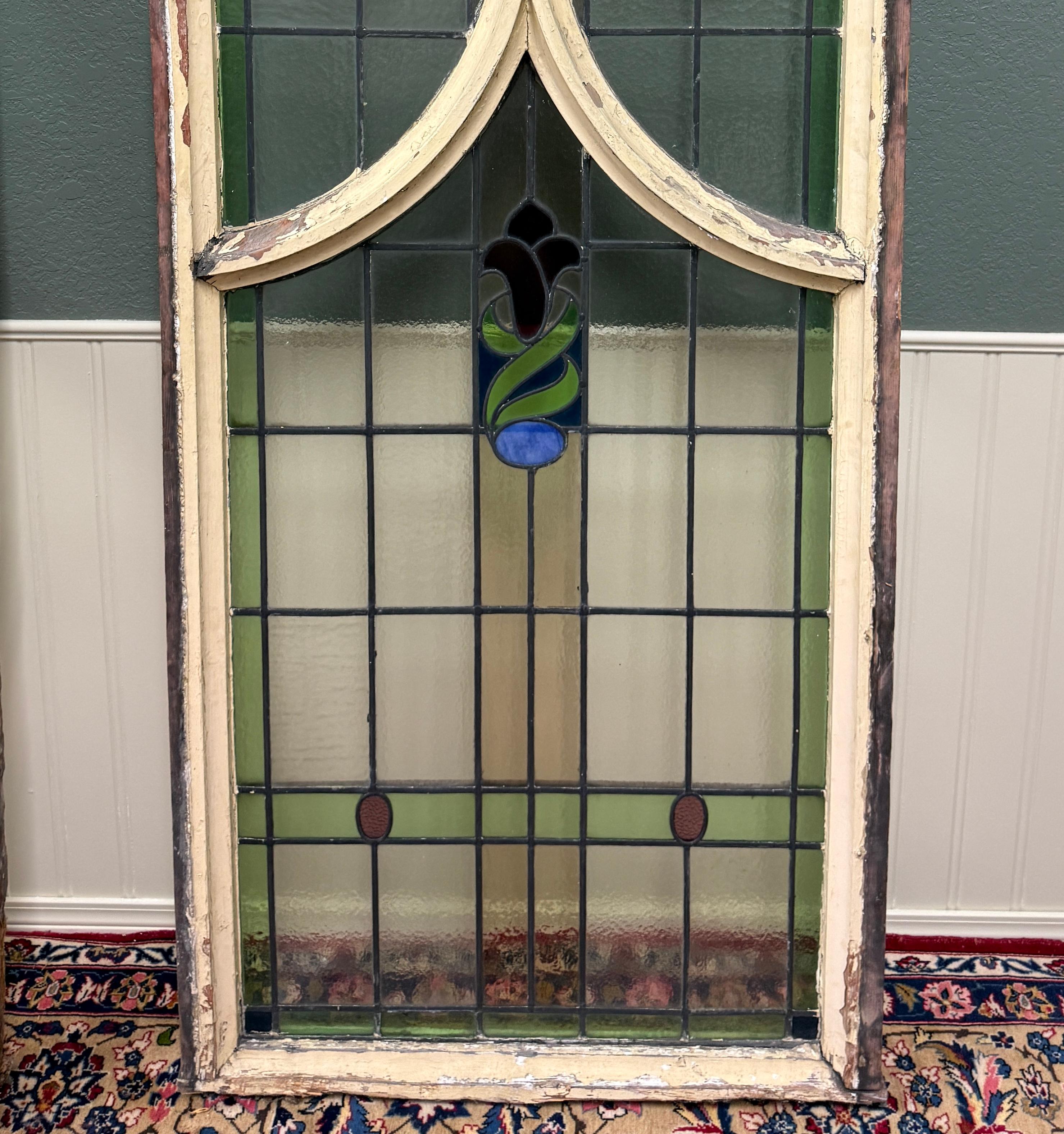 Antique English PAIR LARGE GOTHIC CHURCH Stained Glass Windows Leaded Framed 7