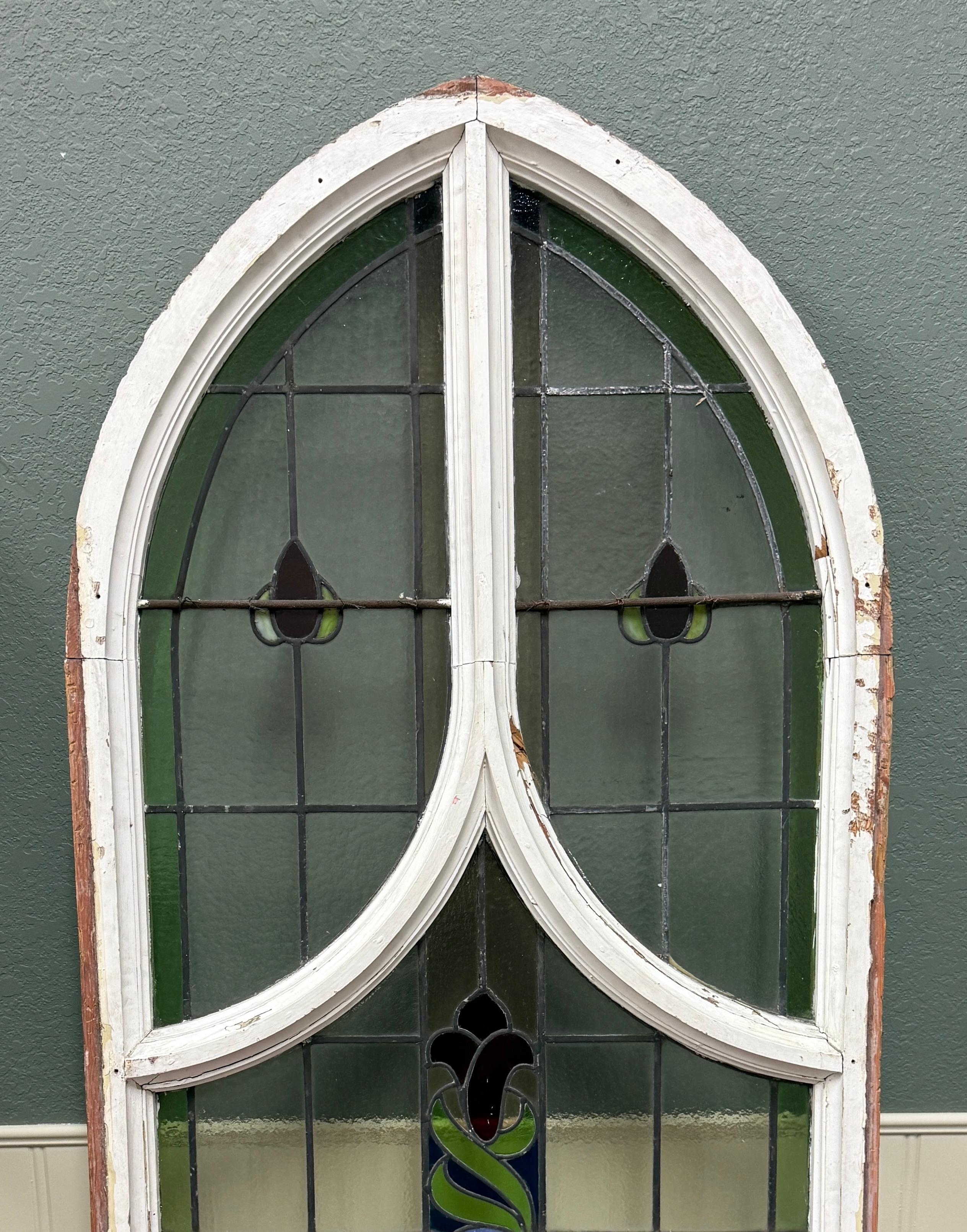 Antique English PAIR LARGE GOTHIC CHURCH Stained Glass Windows Leaded Framed 8