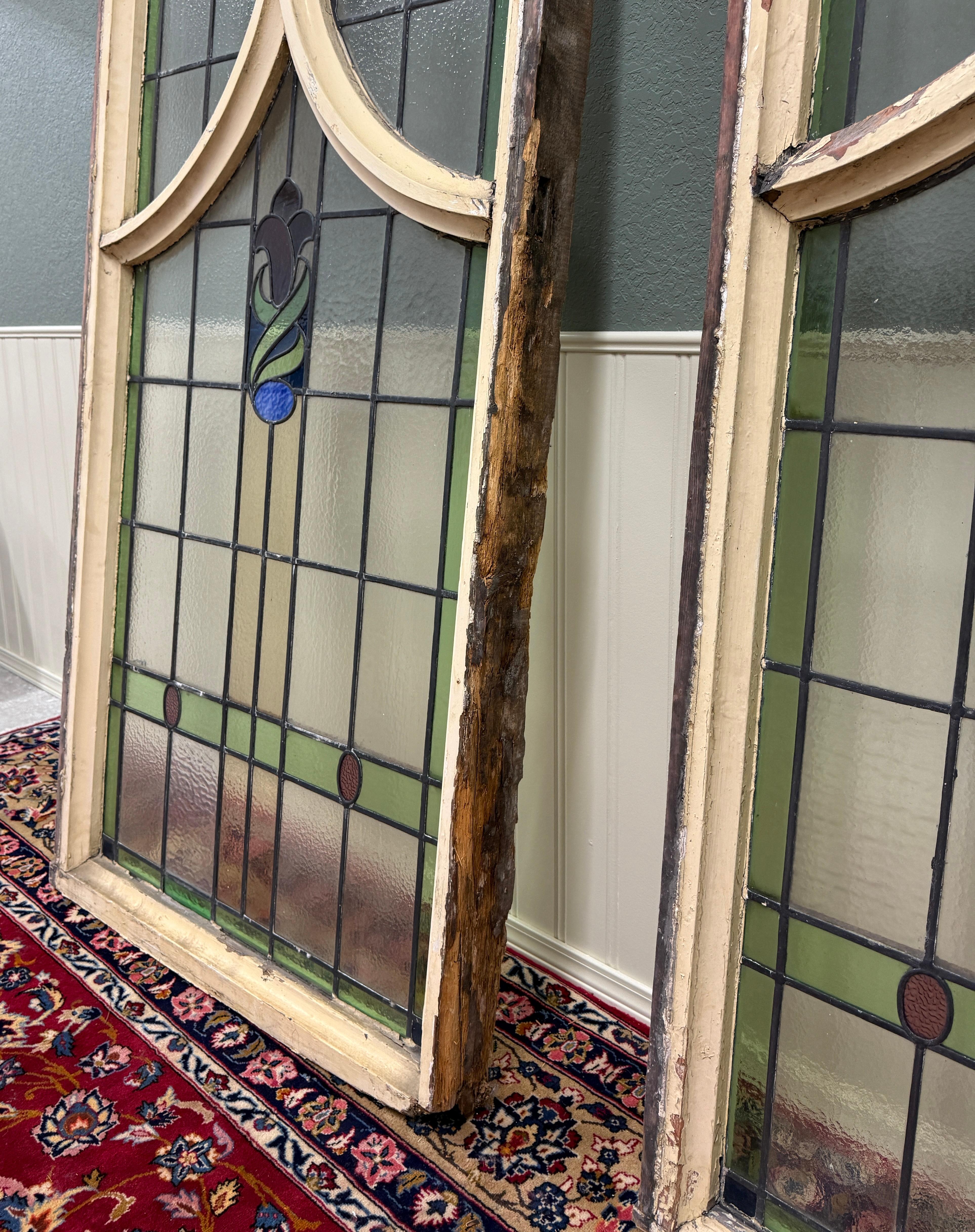 Antique English PAIR LARGE GOTHIC CHURCH Stained Glass Windows Leaded Framed 10