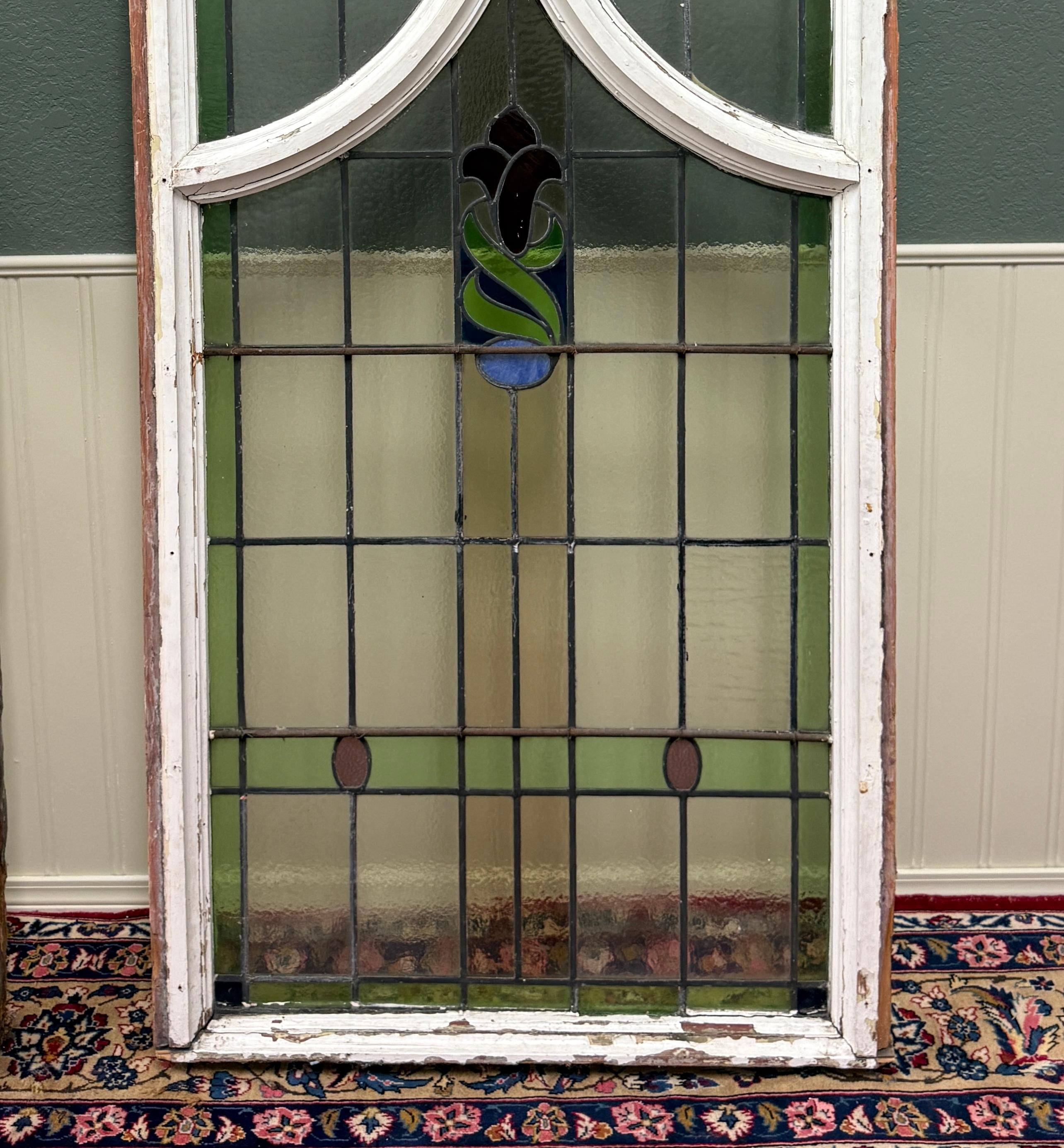 Antique English PAIR LARGE GOTHIC CHURCH Stained Glass Windows Leaded Framed 11