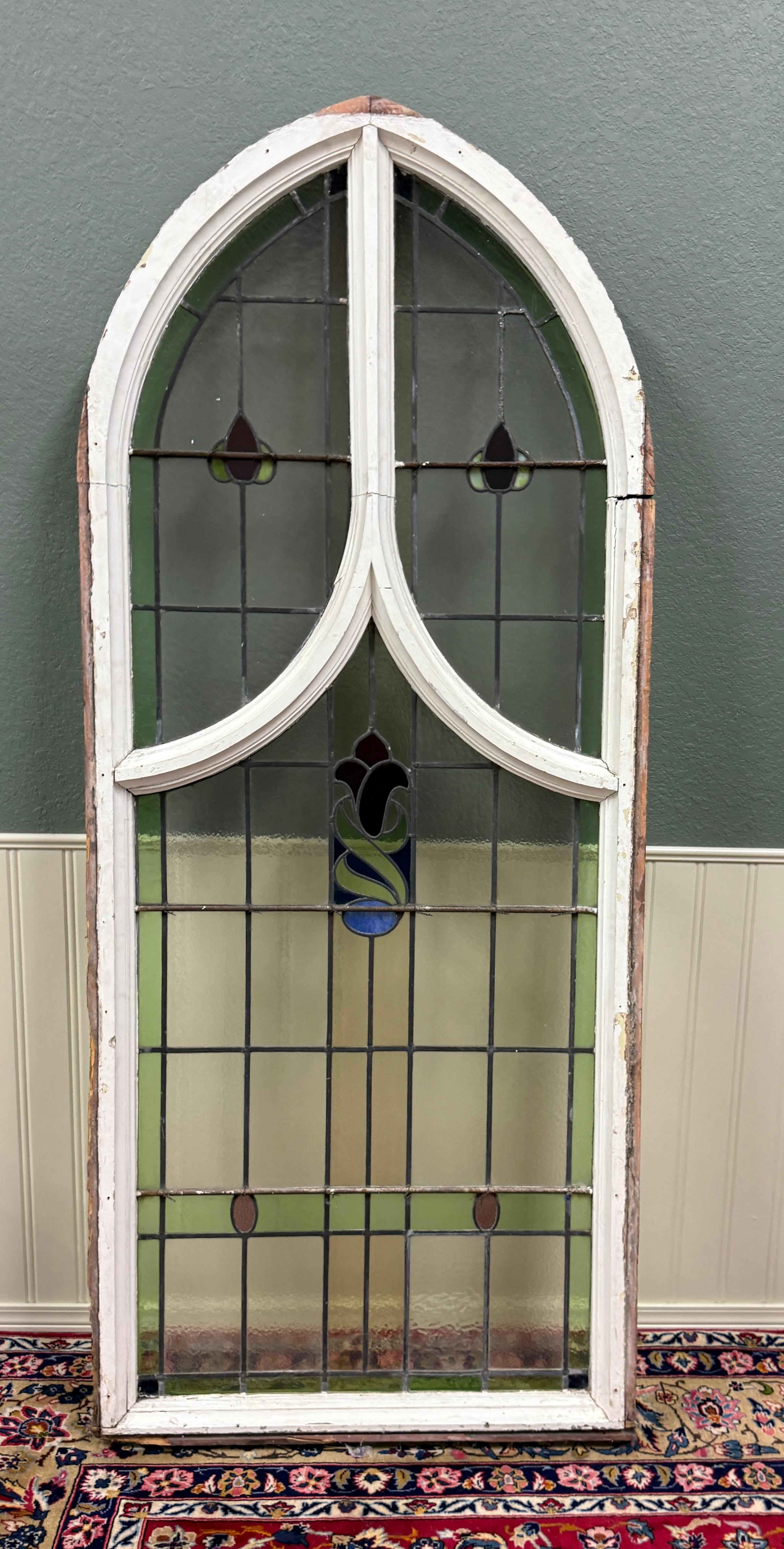 Antique English PAIR LARGE GOTHIC CHURCH Stained Glass Windows Leaded Framed 12