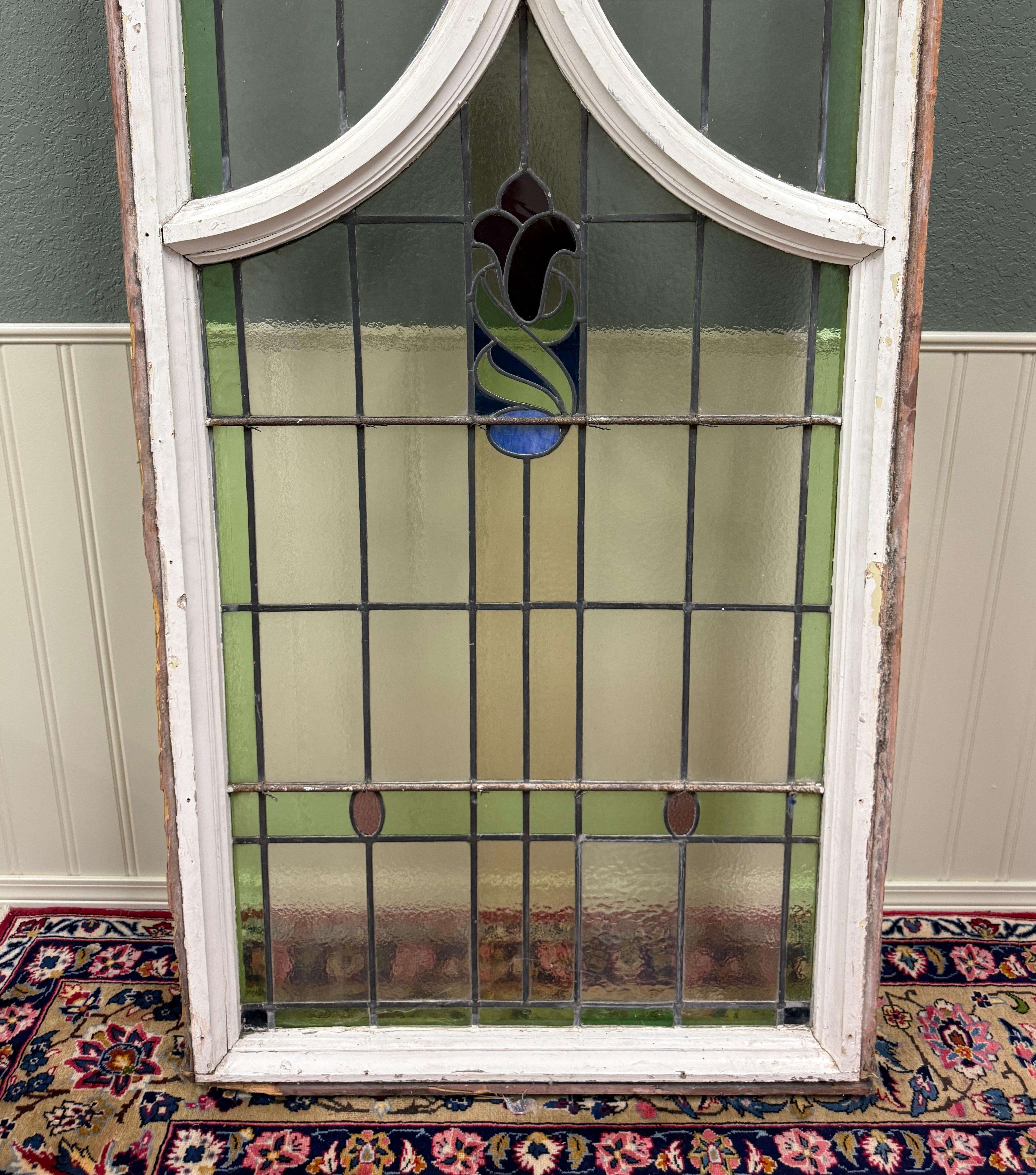 Antique English PAIR LARGE GOTHIC CHURCH Stained Glass Windows Leaded Framed 13