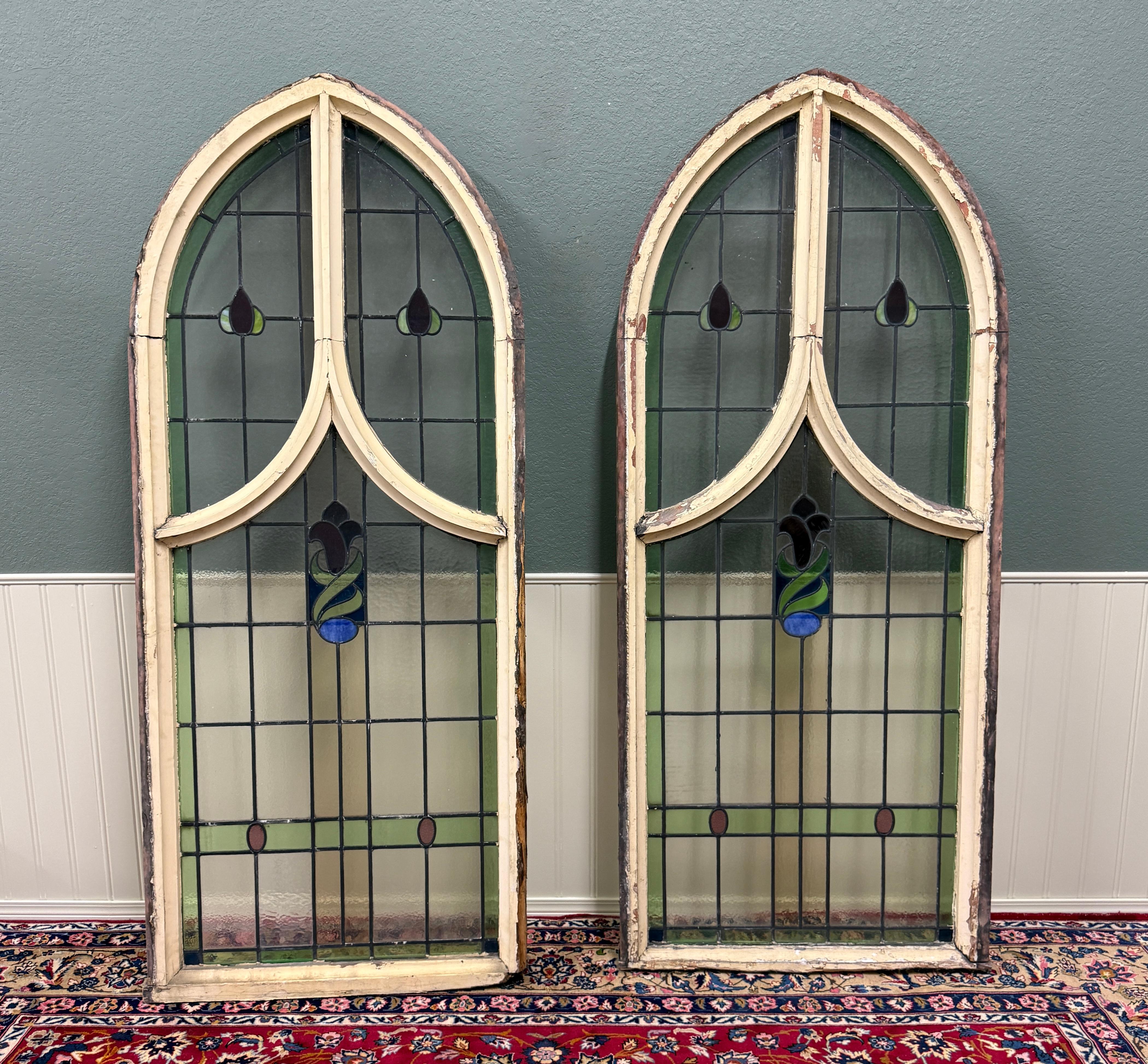 GORGEOUS Antique English LARGE Pair of  GOTHIC Wood-Framed Leaded, Stained Glass Windows

Beautiful LARGE matching PAIR of antique English leaded stained-glass windows ~~red, green, navy blue, royal blue and clear glass in the Gothic style in the