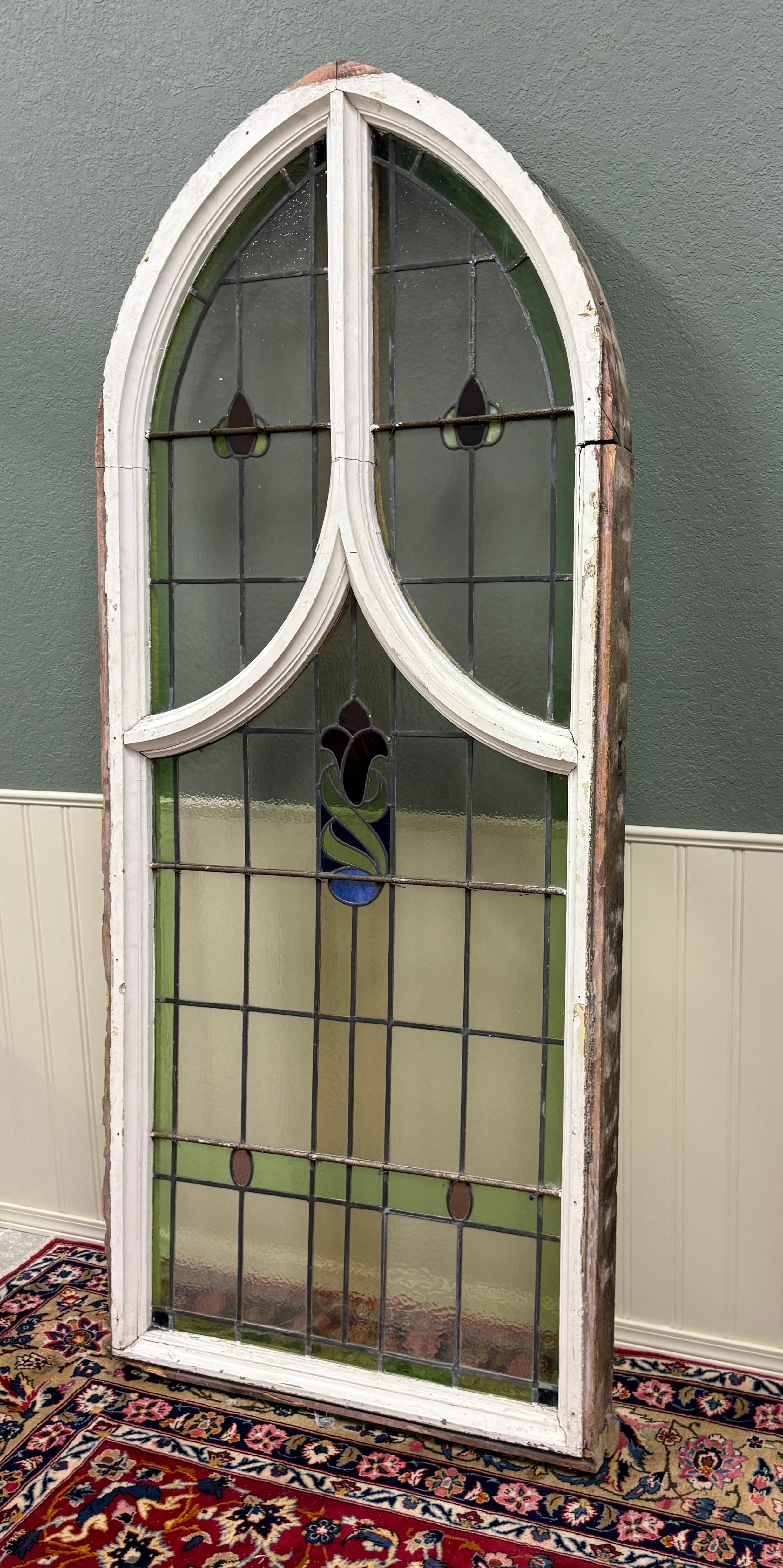 Antique English PAIR LARGE GOTHIC CHURCH Stained Glass Windows Leaded Framed 14