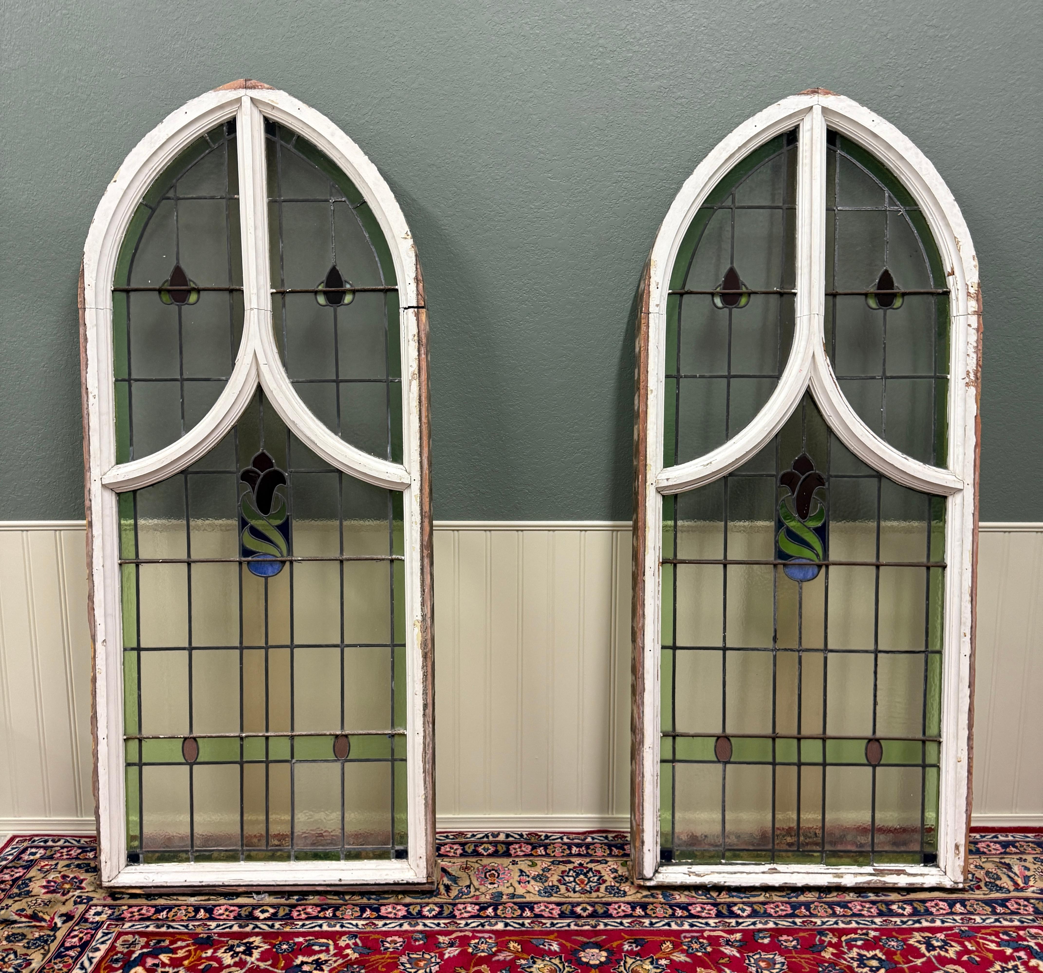 Gothic Antique English PAIR LARGE GOTHIC CHURCH Stained Glass Windows Leaded Framed