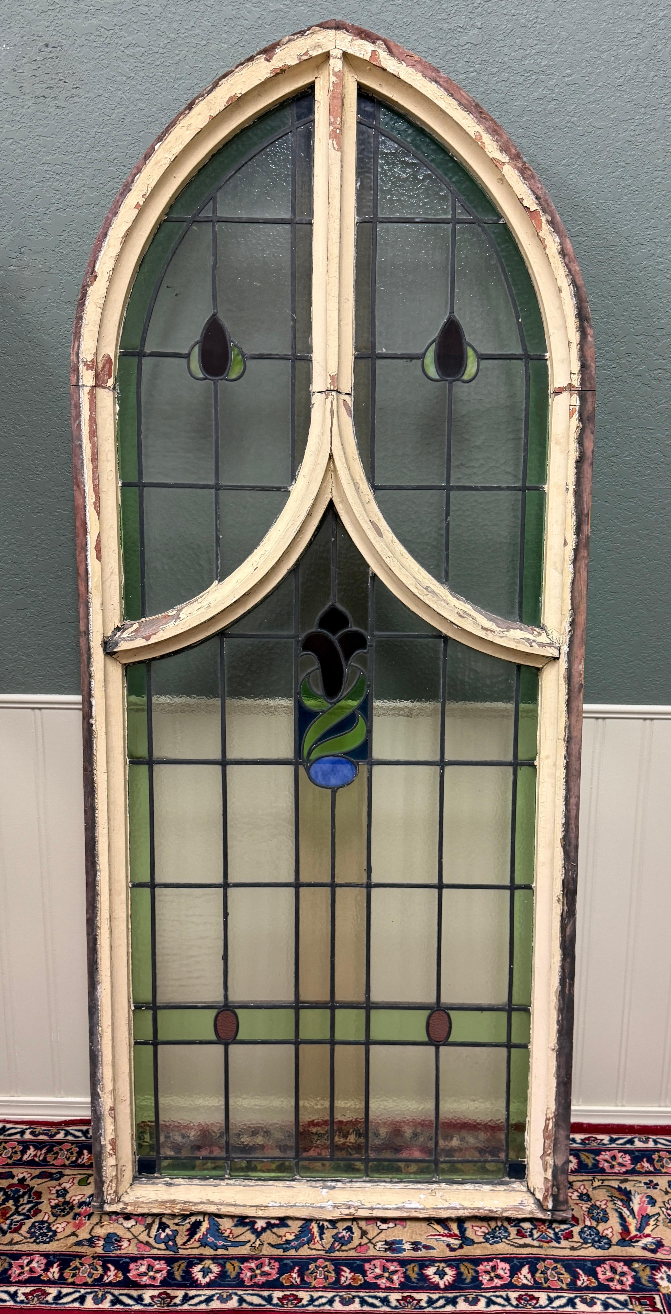 Carved Antique English PAIR LARGE GOTHIC CHURCH Stained Glass Windows Leaded Framed
