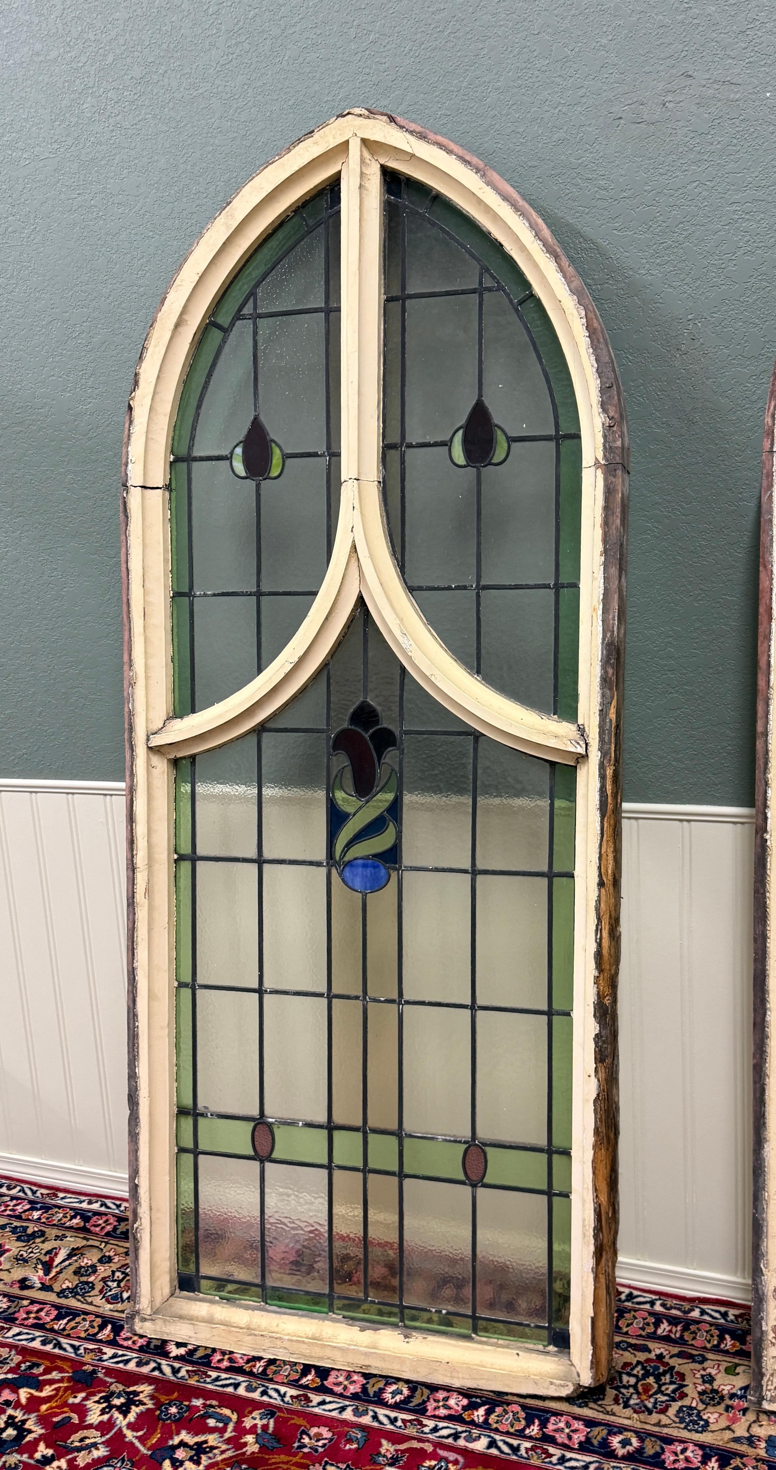 Antique English PAIR LARGE GOTHIC CHURCH Stained Glass Windows Leaded Framed In Good Condition In Tyler, TX