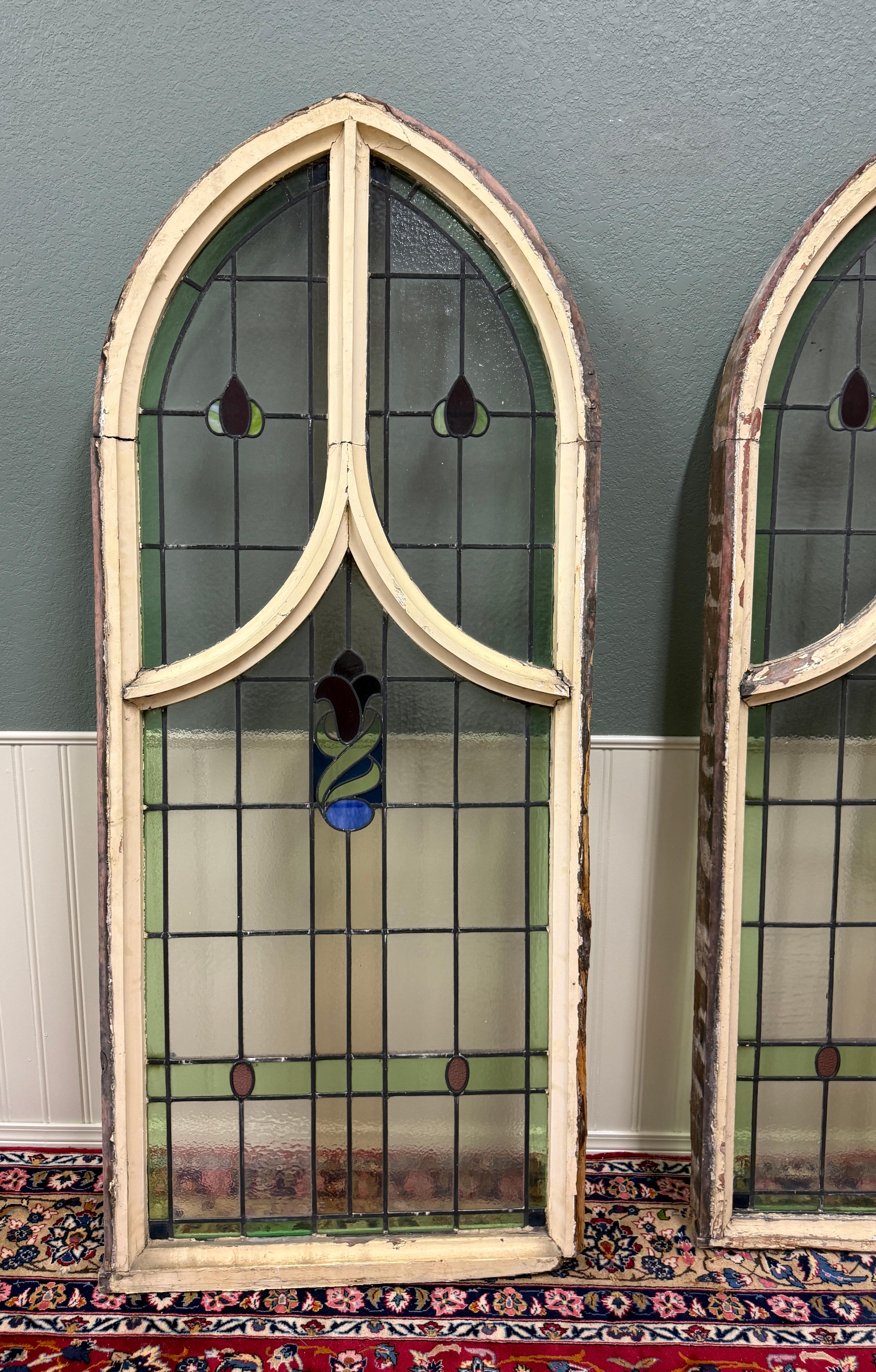 Early 20th Century Antique English PAIR LARGE GOTHIC CHURCH Stained Glass Windows Leaded Framed