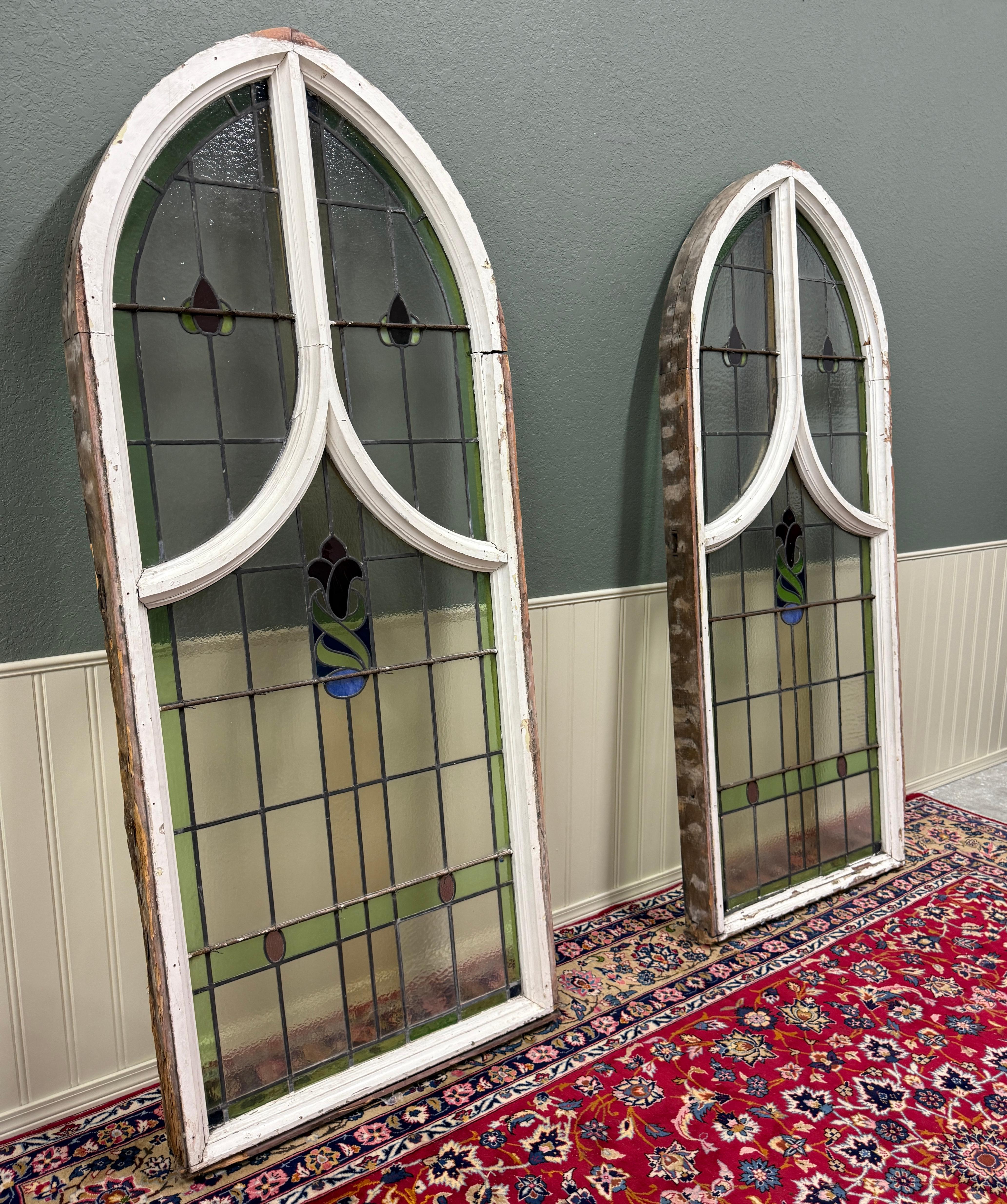 Antique English PAIR LARGE GOTHIC CHURCH Stained Glass Windows Leaded Framed 1