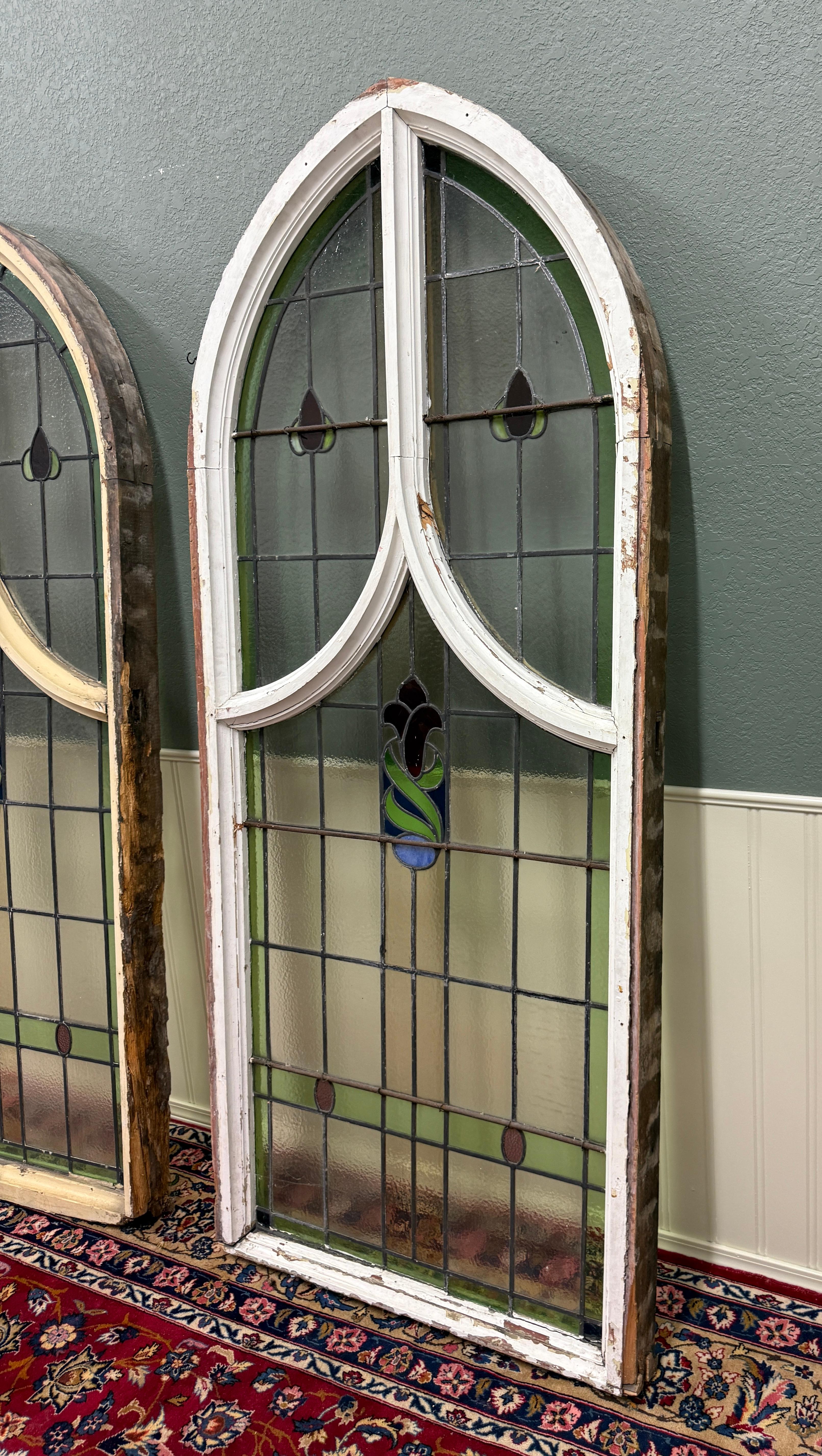 Antique English PAIR LARGE GOTHIC CHURCH Stained Glass Windows Leaded Framed 2