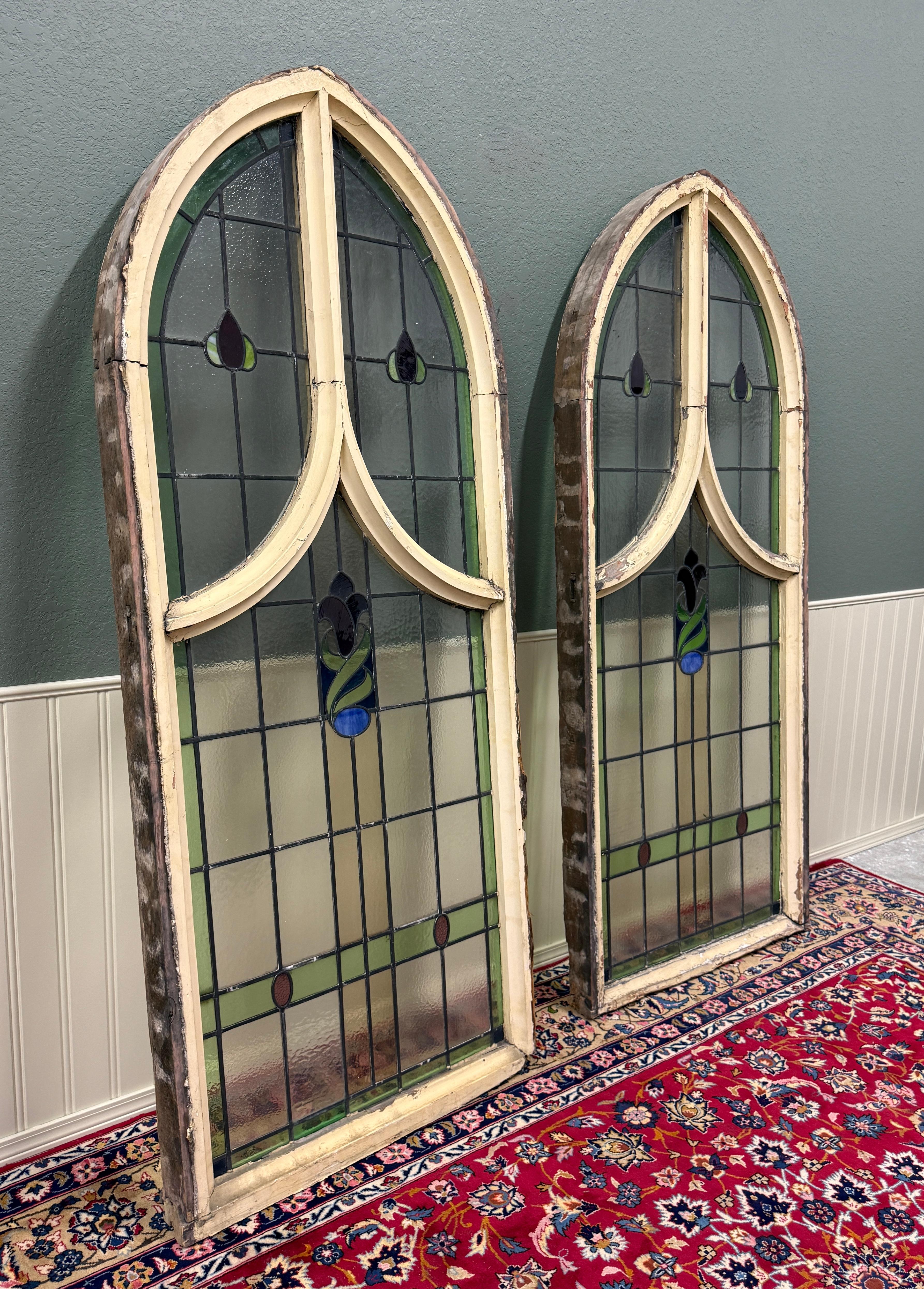 Antique English PAIR LARGE GOTHIC CHURCH Stained Glass Windows Leaded Framed 3