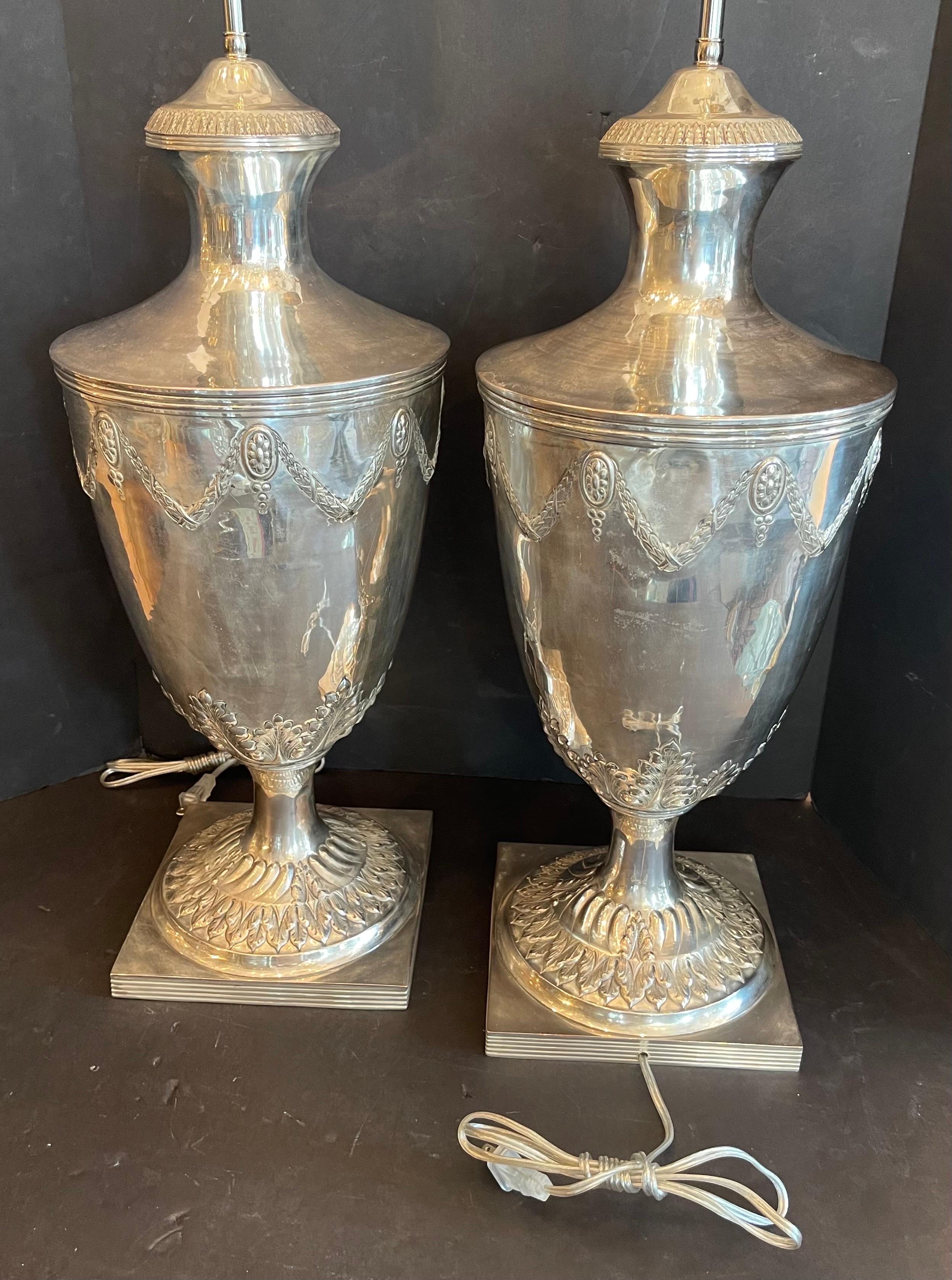 Antique English Pair Sheffield Silver Plated Edwardian Urn Lamps Ralph Lauren 6
