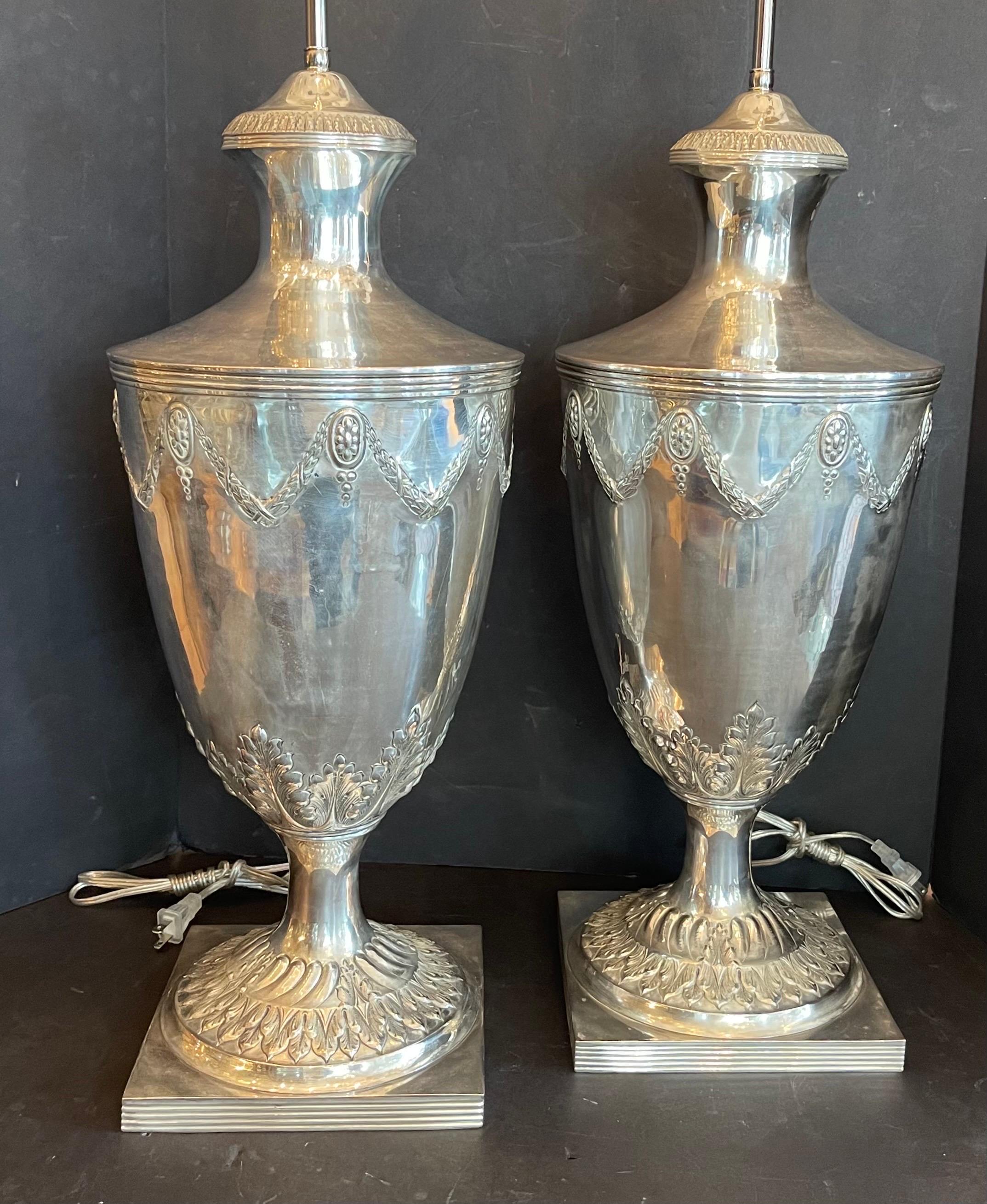 Antique English Pair Sheffield Silver Plated Edwardian Urn Lamps Ralph Lauren 7
