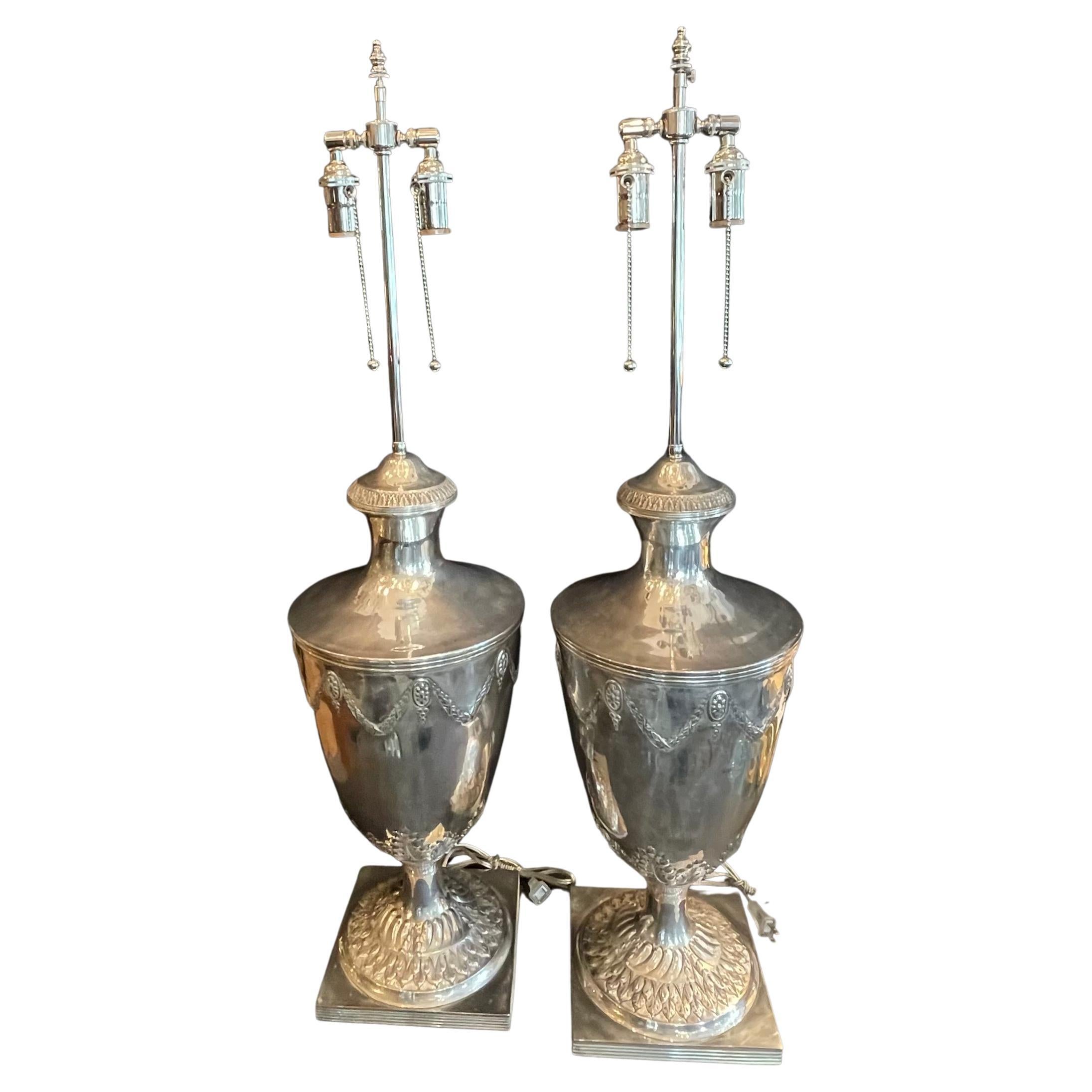 A Wonderful Large Antique English Pair Of Sheffield Silver Plated Edwardian Style Urn Form Lamps In The Manner Of Ralph Lauren.
Completely Rewired With New Sockets

*They Maybe Converted Back To Urns At No Charge Upon Request.