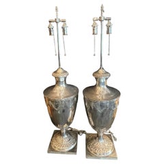 Antique English Pair Sheffield Silver Plated Edwardian Urn Lamps Ralph Lauren