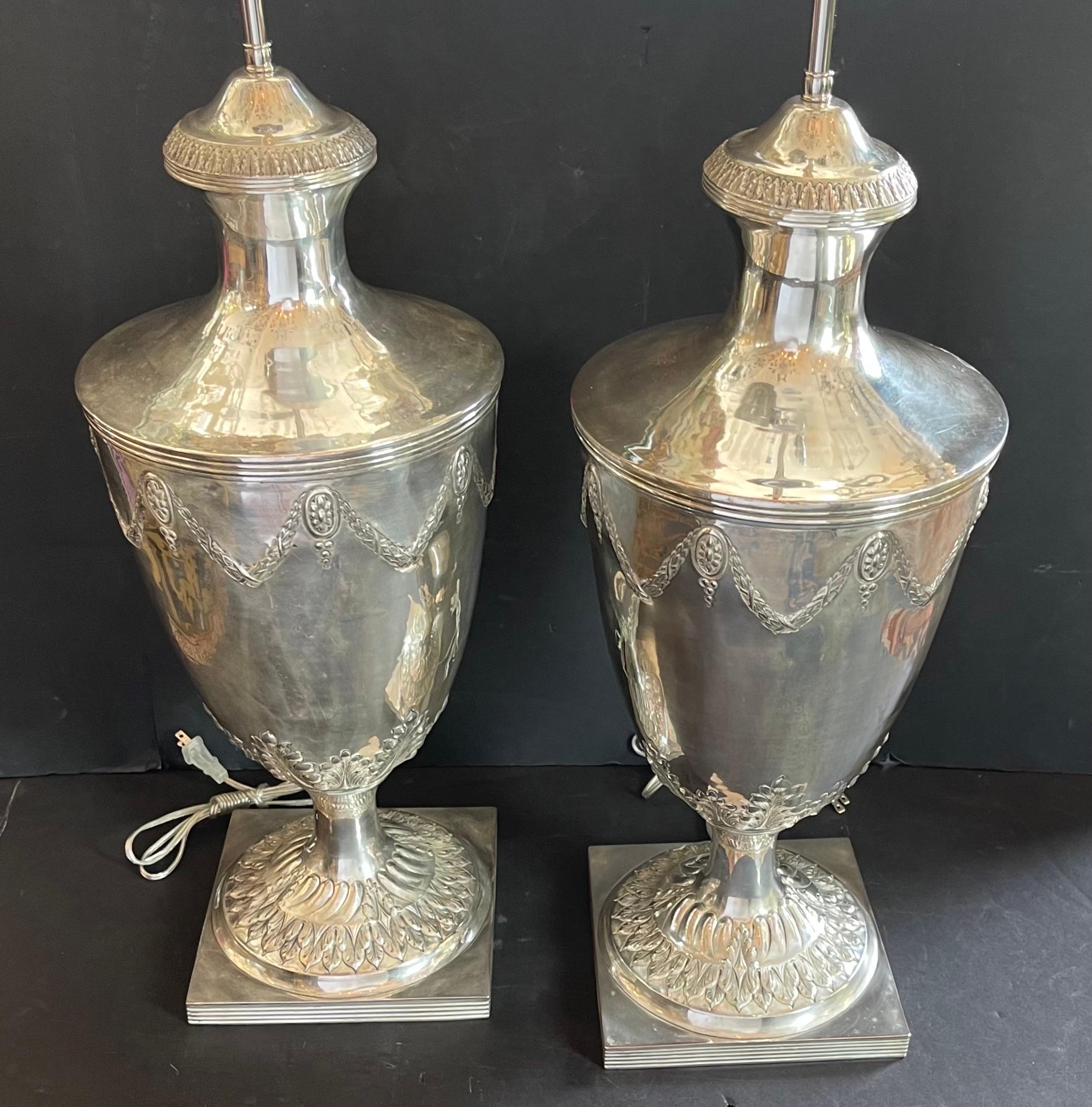 Antique English Pair Sheffield Silver Plated Edwardian Urn Lamps Ralph Lauren In Good Condition In Roslyn, NY