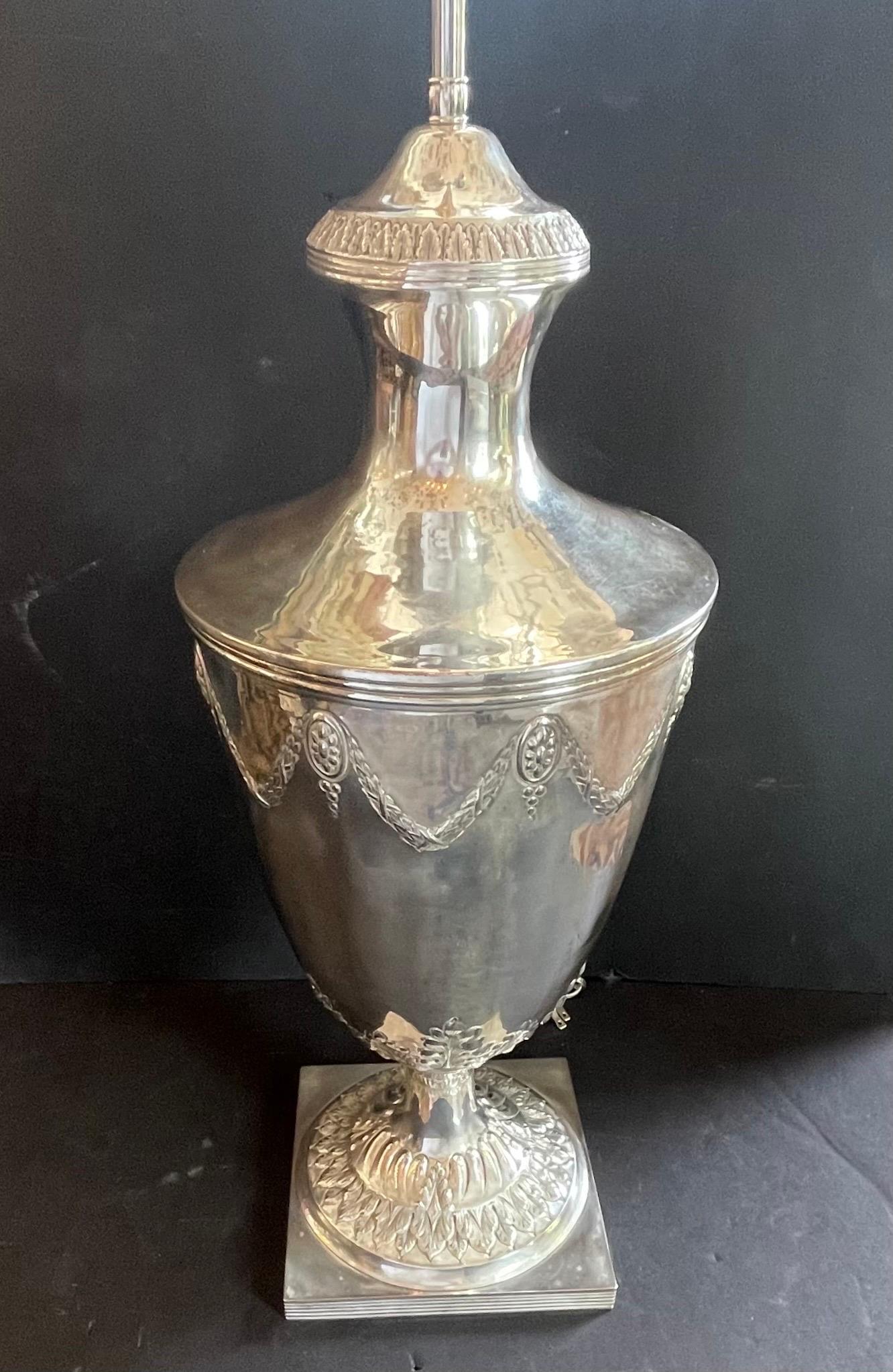 Antique English Pair Sheffield Silver Plated Edwardian Urn Lamps Ralph Lauren 2