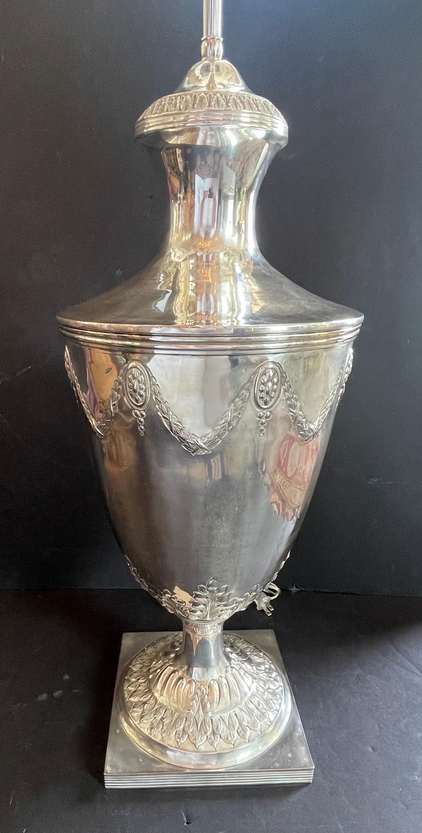Antique English Pair Sheffield Silver Plated Edwardian Urn Lamps Ralph Lauren 3