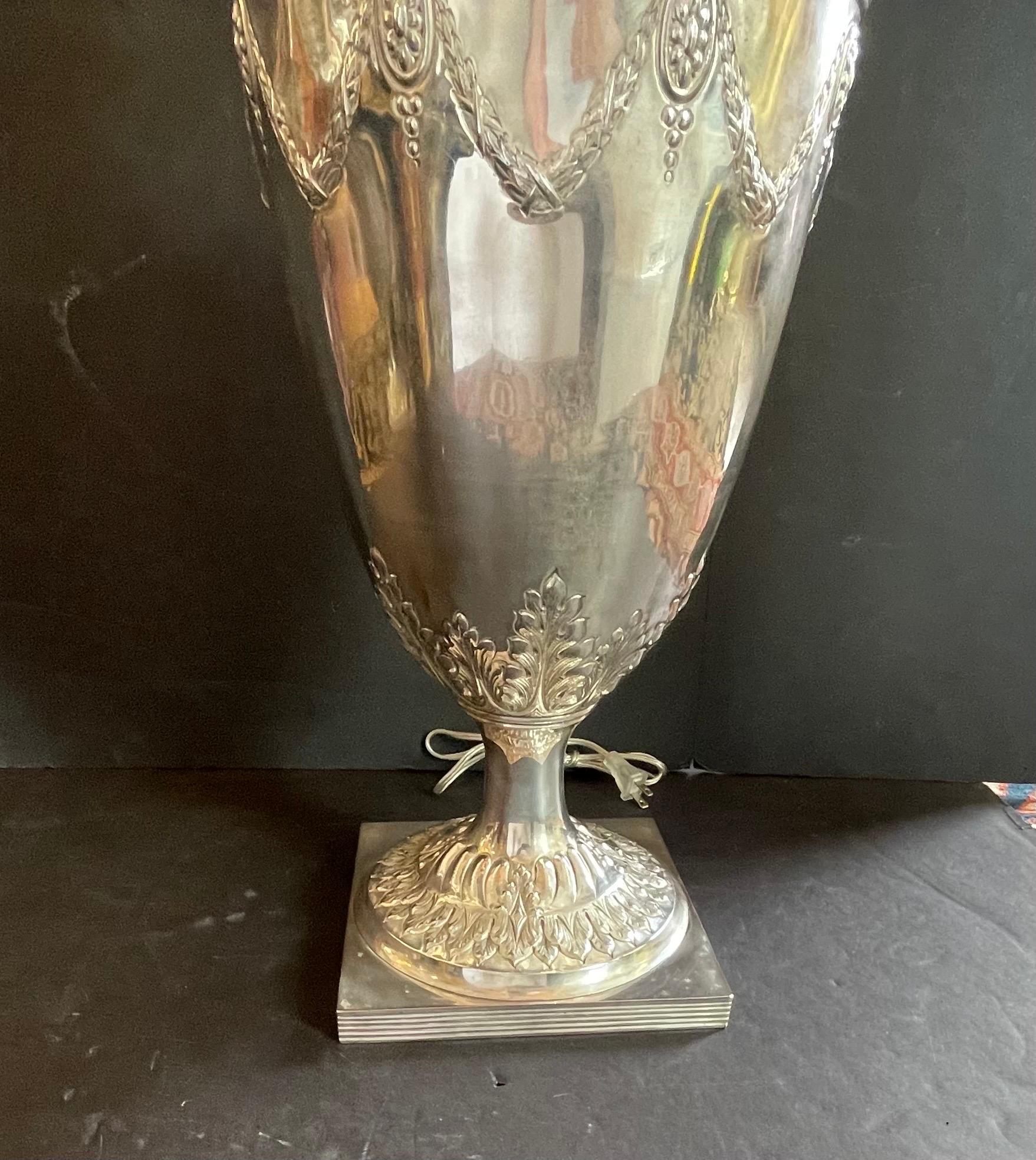 Antique English Pair Sheffield Silver Plated Edwardian Urn Lamps Ralph Lauren 4