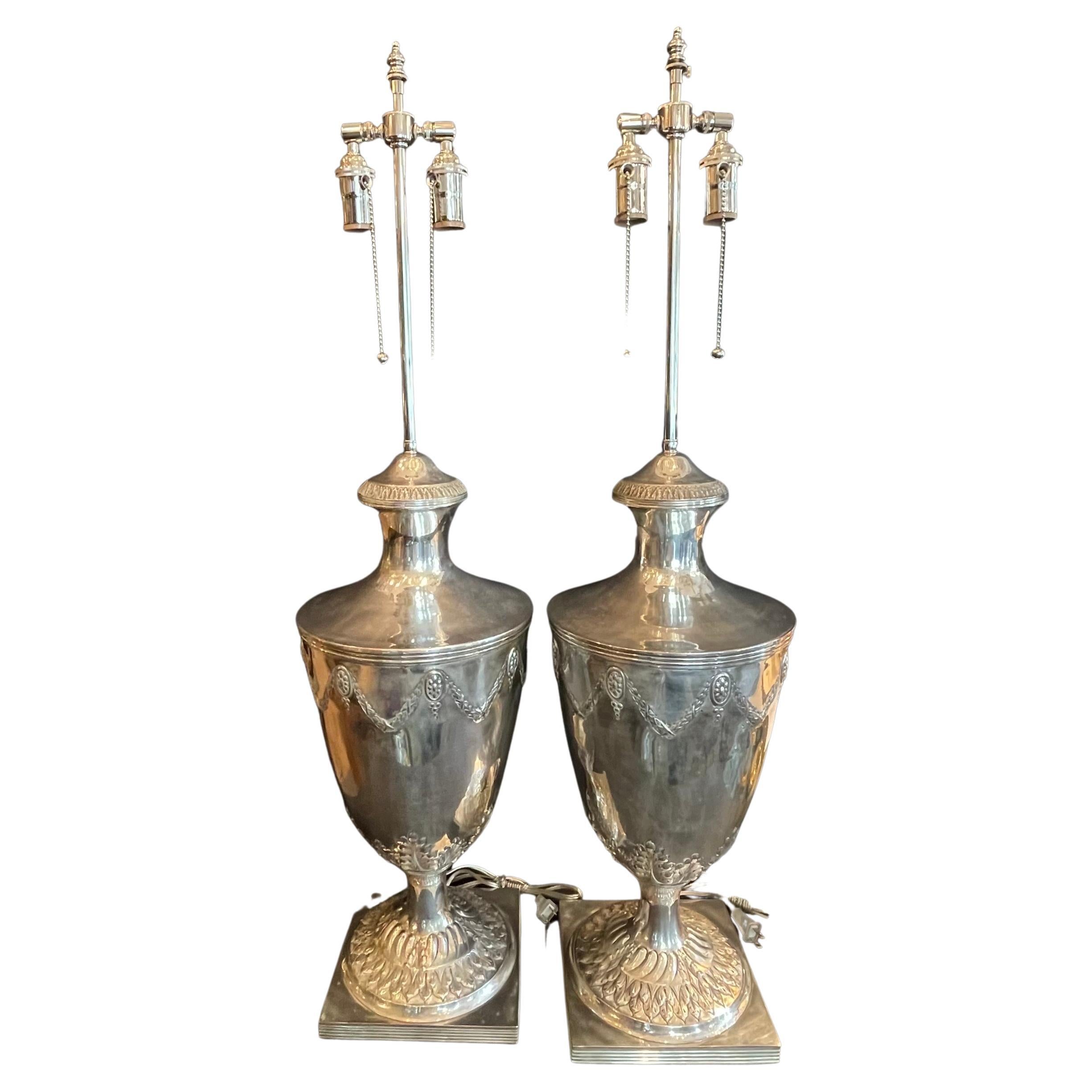 Antique English Pair Sheffield Silver Plated Edwardian Urn Lamps Ralph Lauren