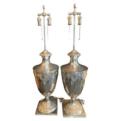 Vintage English Pair Sheffield Silver Plated Edwardian Urn Lamps Ralph Lauren