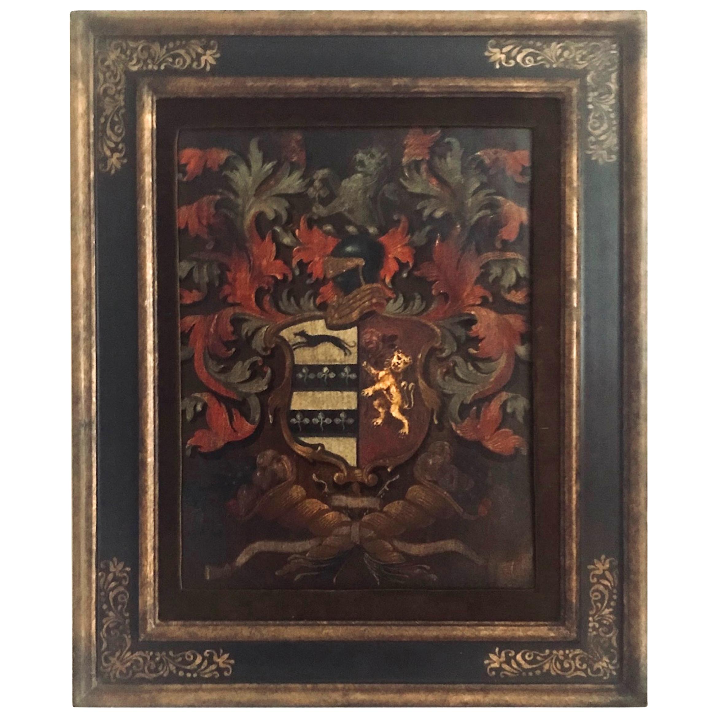 Antique English Palmer Family crest painted oil on board 

Elaborate crest painting of the English Palmer family of Dorney Court of Buckinghamshire. The colorful crest was masterfully and artistically painted in 1824. It is accompanied by the