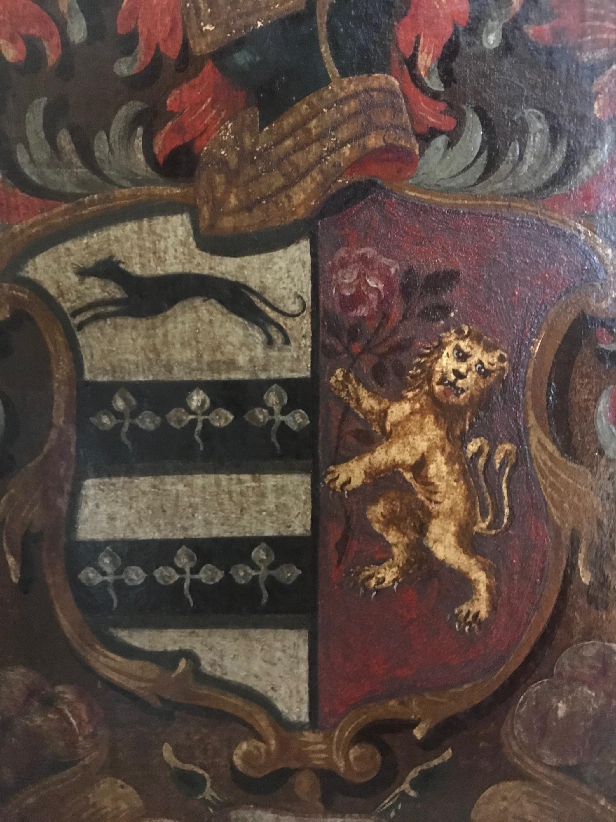 Renaissance Antique English Palmer Family Crest Painted Oil on Board For Sale