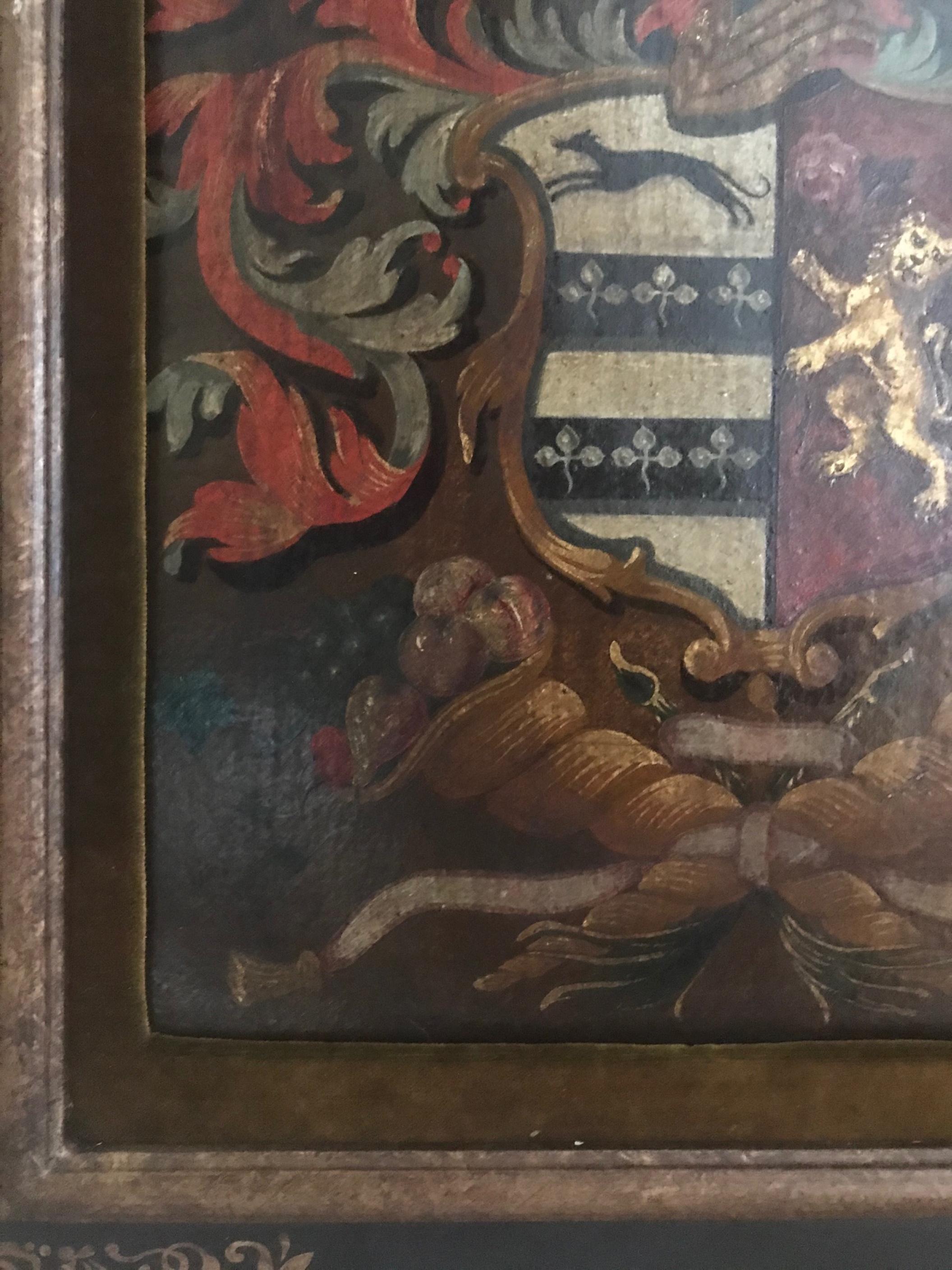 Antique English Palmer Family Crest Painted Oil on Board In Good Condition For Sale In Vero Beach, FL