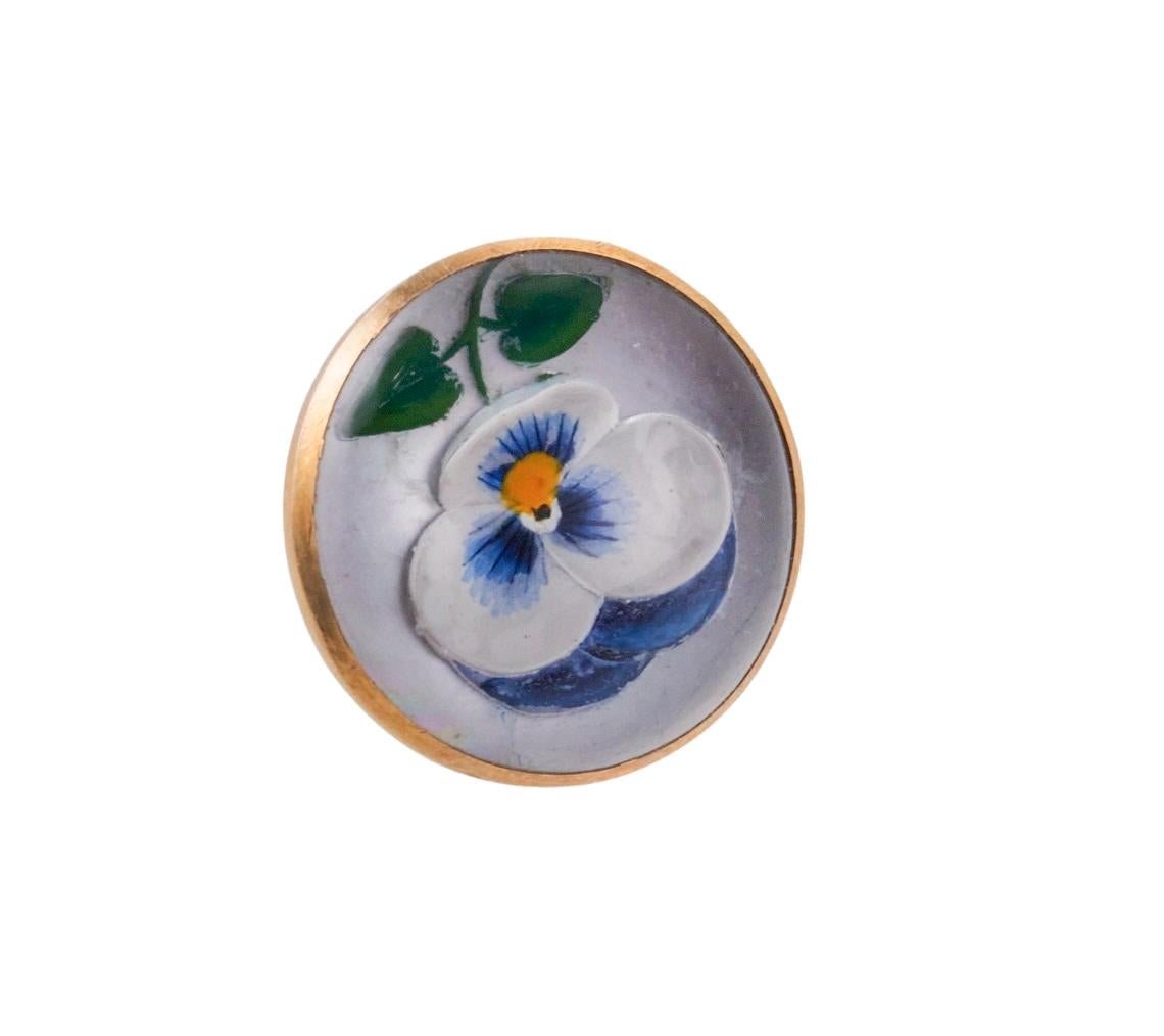 Antique English made 18k gold buttons set, depicting pansy reverse painting covered with crystal. Each button is 12.5mm in diameter. Set comes in original fitted box, with hardware hoops. Marked 18C on each button. Weight of the buttons - 8.9 grams. 