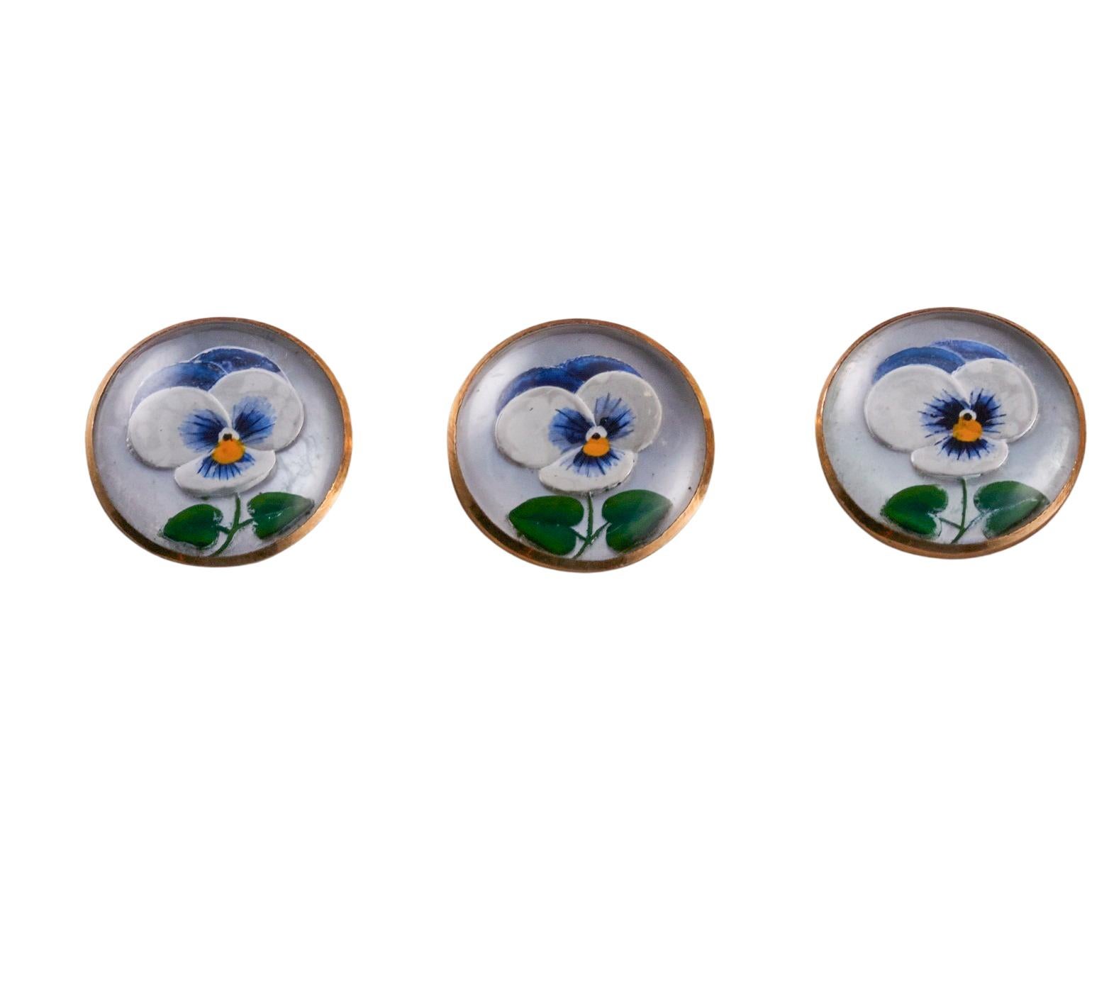Victorian Antique English Pansy Reverse Painting Gold Shirt Button Set For Sale