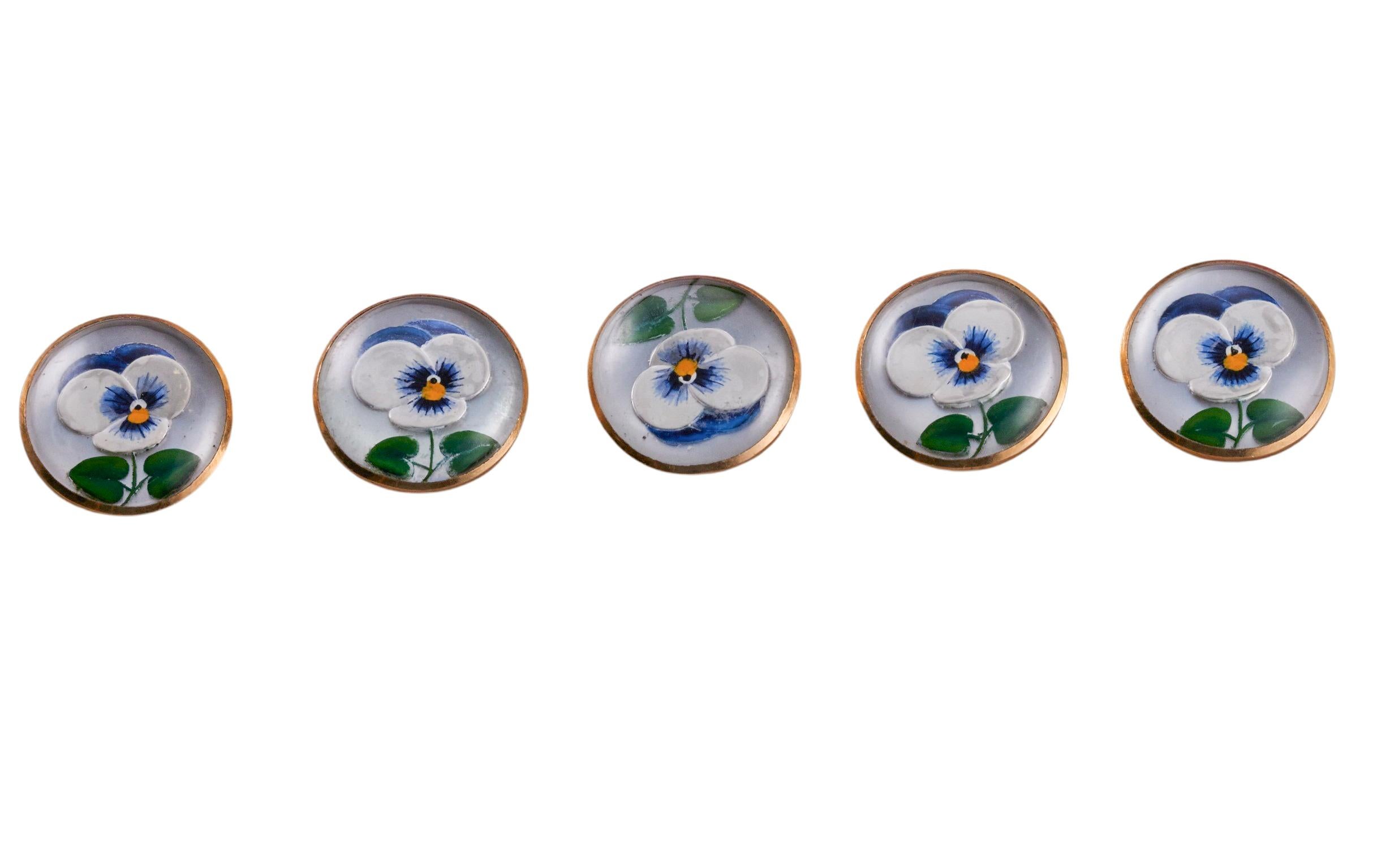 Antique English Pansy Reverse Painting Gold Shirt Button Set In Excellent Condition For Sale In New York, NY